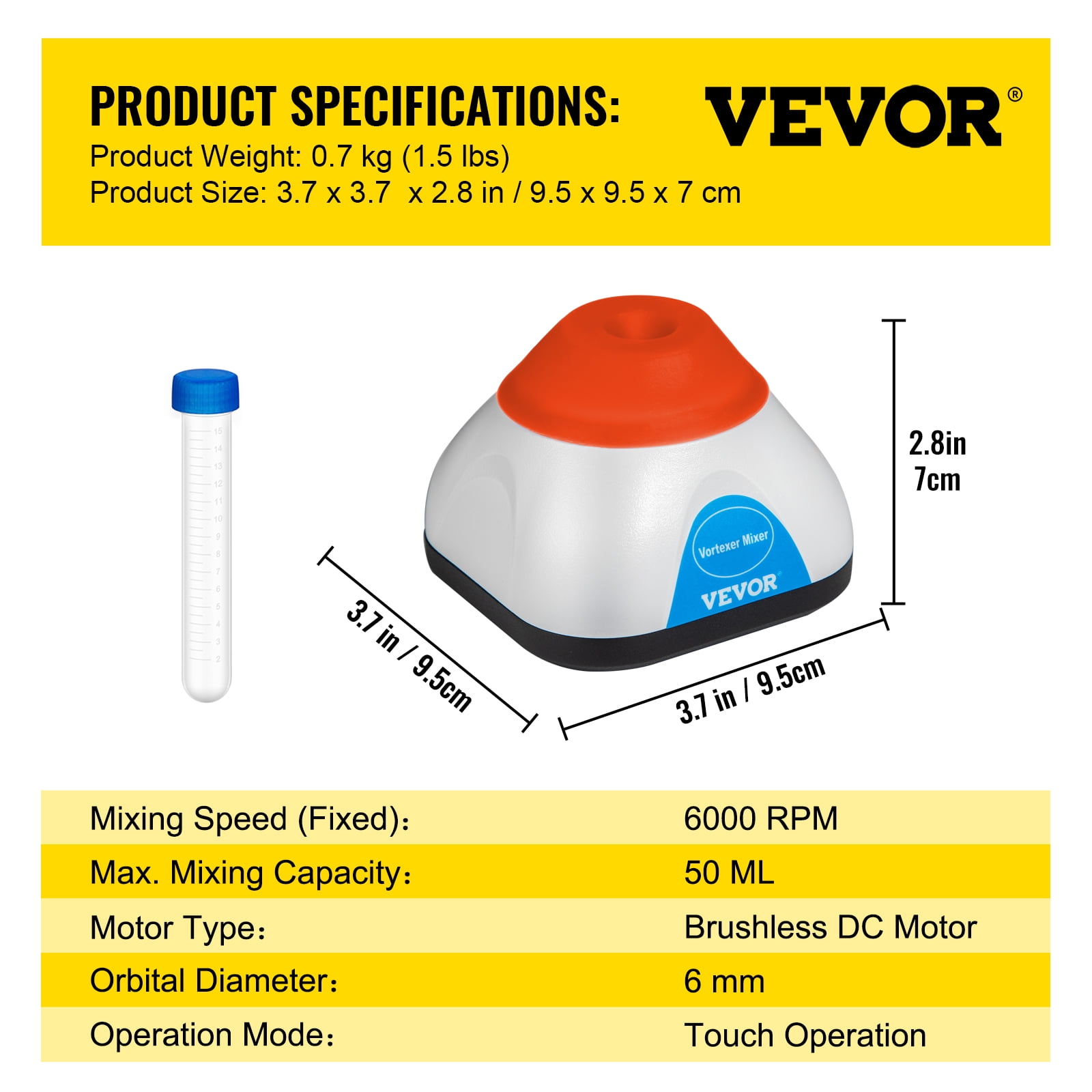 VEVOR Vortex Mixer, 6000rpm Mini Vortex Mixer Shaker, Touch Function Scientific Lab Vortex Shaker, Mix Up to 50mL, 6mm Orbital Diameter for Test Tube, Tattoo Ink, Nail Polish, Eyelash Adhesives, Paint - Image 2