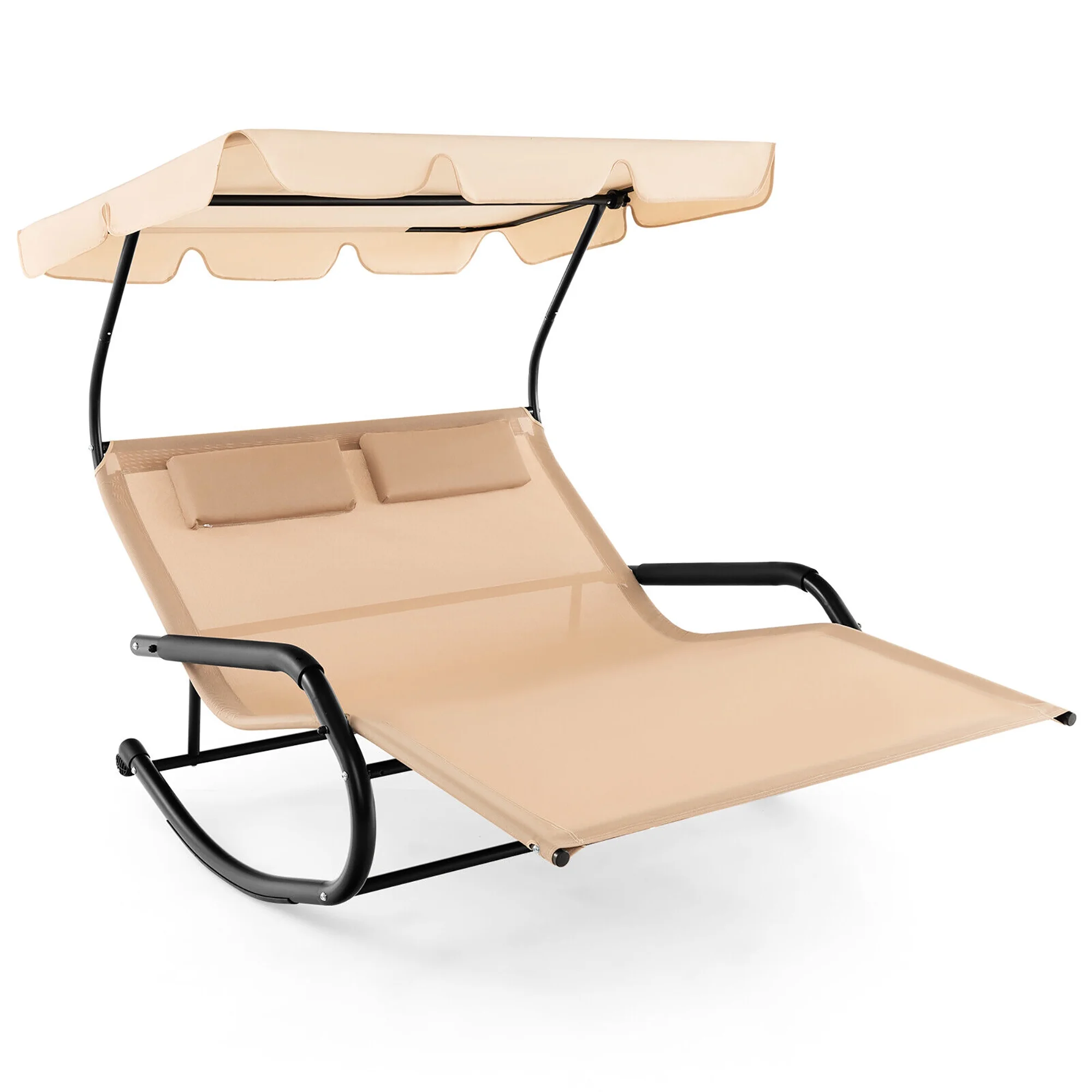 Gymax Outdoor 2-Person Double Rocking Chaise Lounge w/ Canopy & Wheels Metal Frame - Image 8