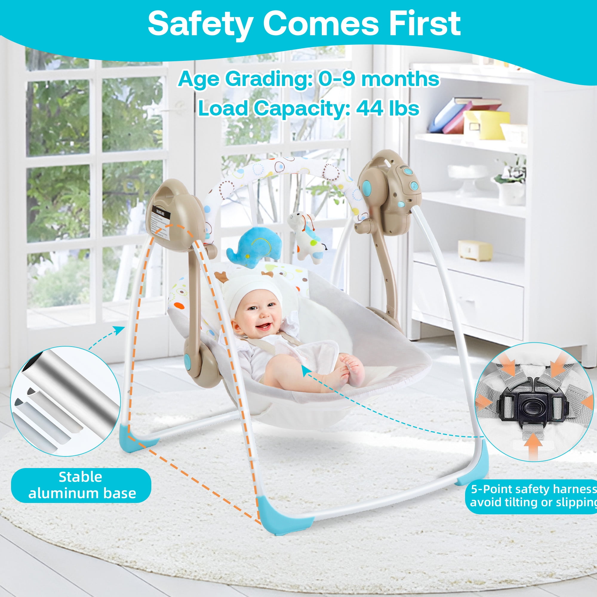 Yadala Baby Swing, Foldable Baby Swing for Infants with Adaptable Speeds, Music, 0-9 Months, Khaki - Image 4