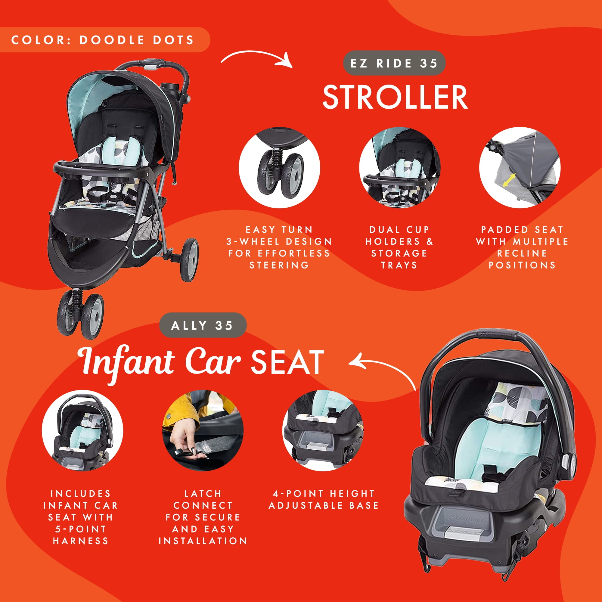 Baby Trend EZ Ride 35 Travel System Stroller Car Seat Combo for Baby, Doodle Dots - Image 7