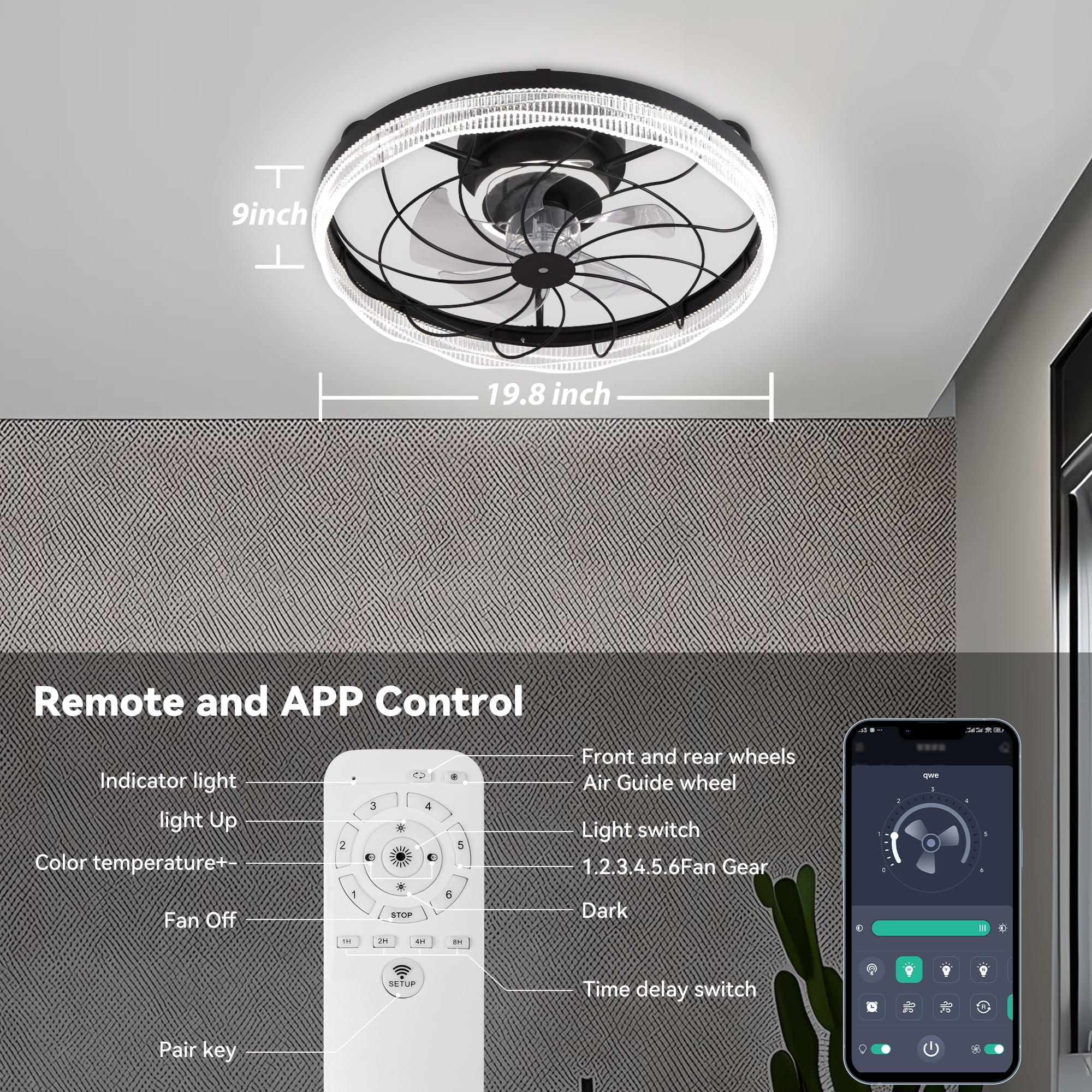 DAYBETTER 19.8" Ceiling Fan with Lights,Dimmable APP Remote Control Modern Fan Lights with Timmer and 6 Speeds for Bedroom Living Room Kitchen - Image 6
