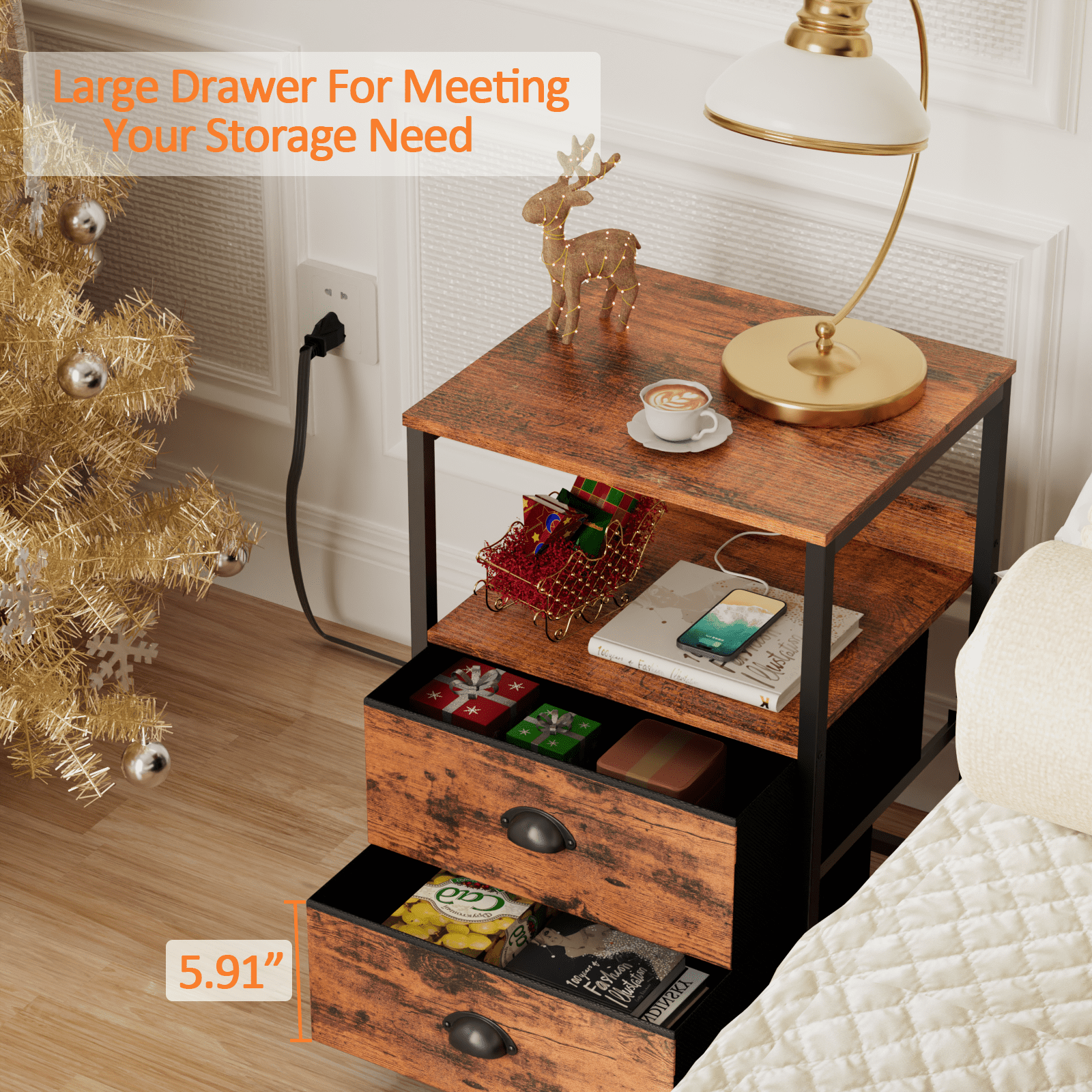 Furologee Set of 2 Nightstands, End Table with Charging Station, Bedside Tables with 2 Fabric Drawers, Night Stands with USB Ports & Power Outlets for Bedroom/Living Room/Hallway - Image 8