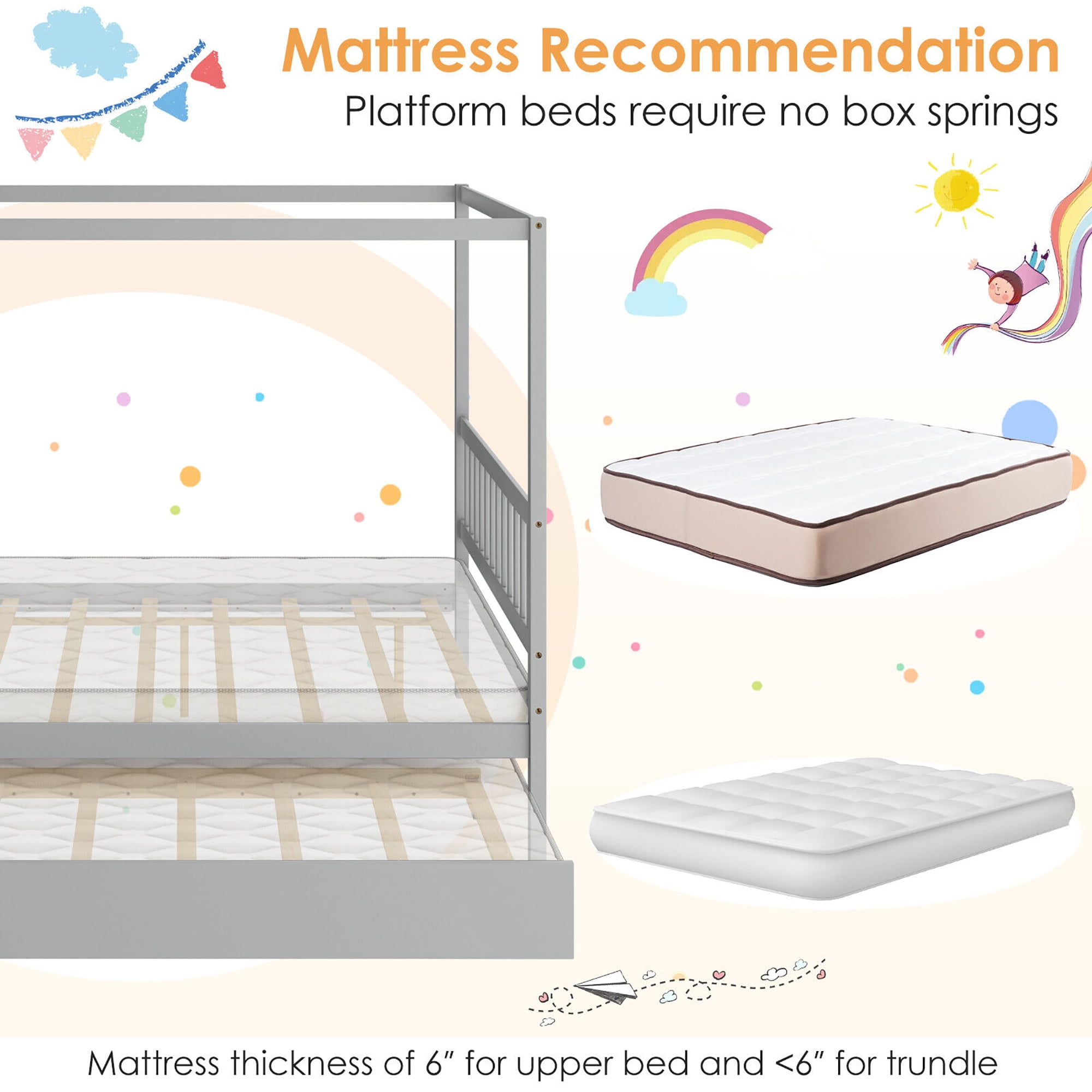 Gymax Full Size Canopy Bed with Trundle Wooden Platform Bed Frame Headboard Grey - Image 10