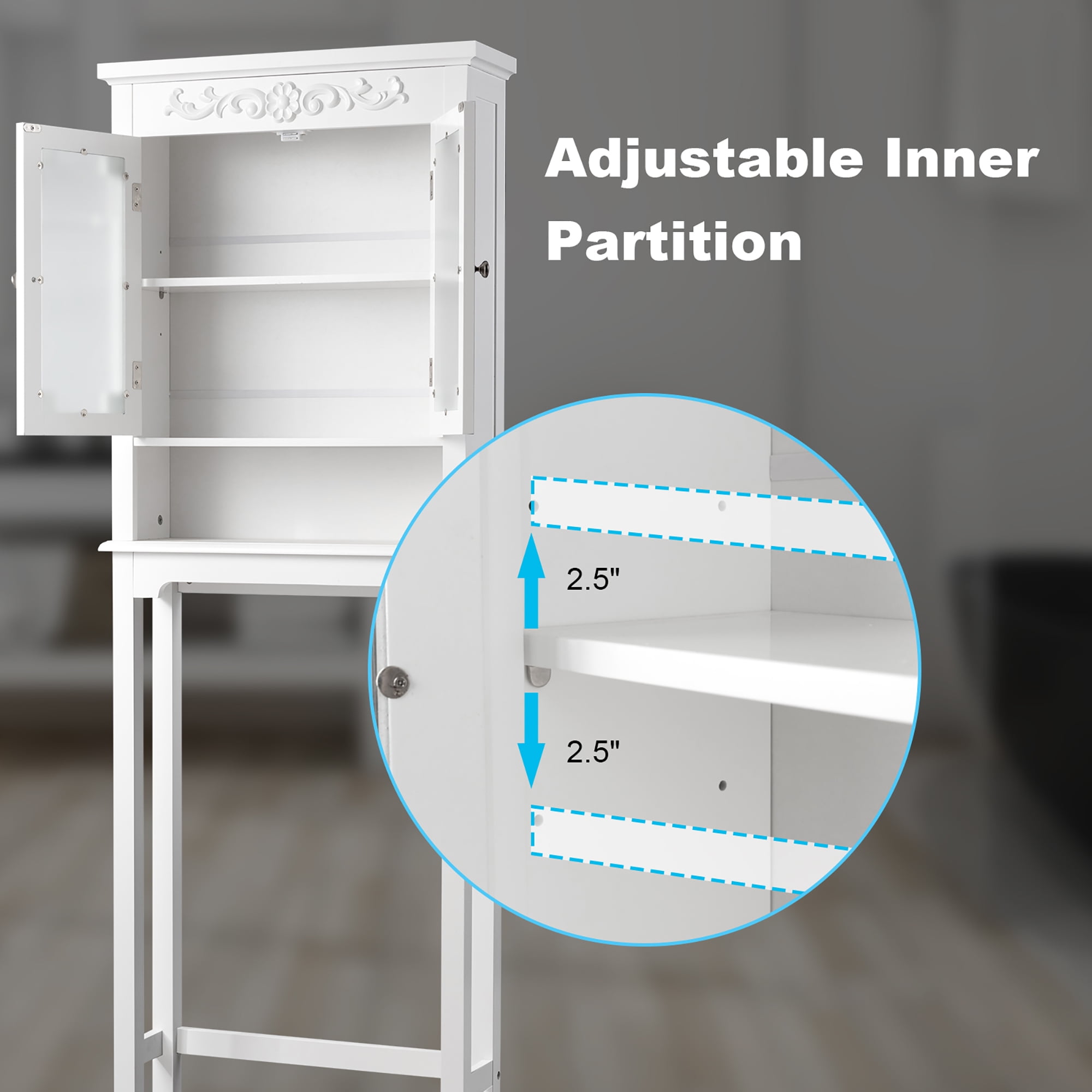 Costway Over The Toilet Bathroom Space Saver Carved Top Toilet Rack w/ Adjustable Shelf - Image 7