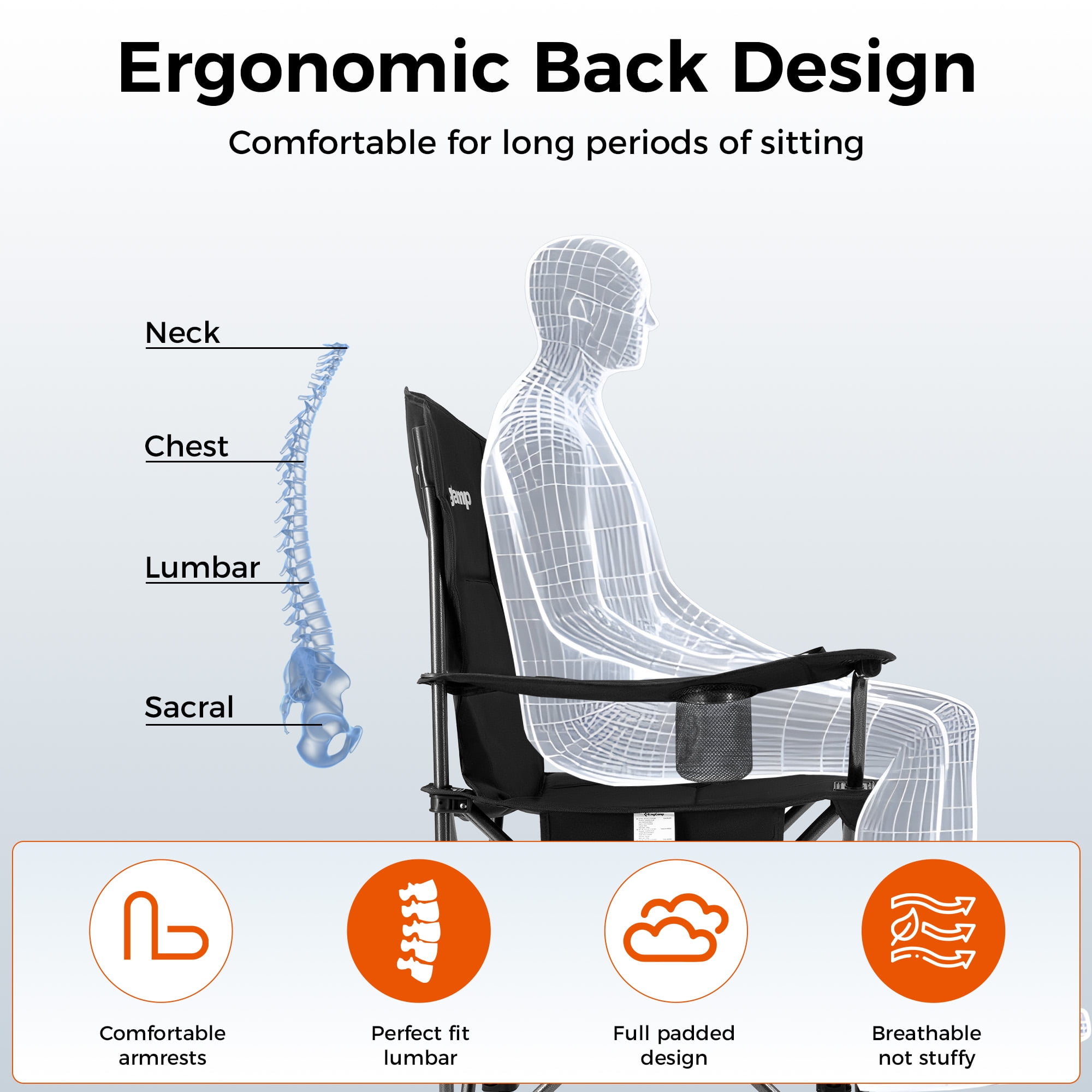 KingCamp Oversized Camping Chairs Heavy Duty Padded Folding Lawn Chair Support 300 lbs for Adults Outdoor Fishing Sports Black - Image 9