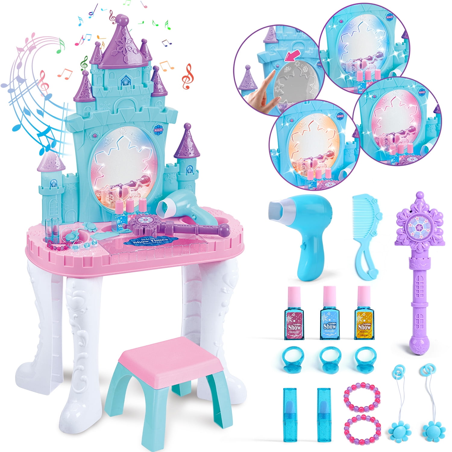 JoyStone Toddler Makeup Table with Mirror and Chair, Kids Makeup Vanity Set with Accessories and Lights and Music Sounds, Makeup Accessories & Blowdryer for Toddlers 2-5 Years Old - Image 7