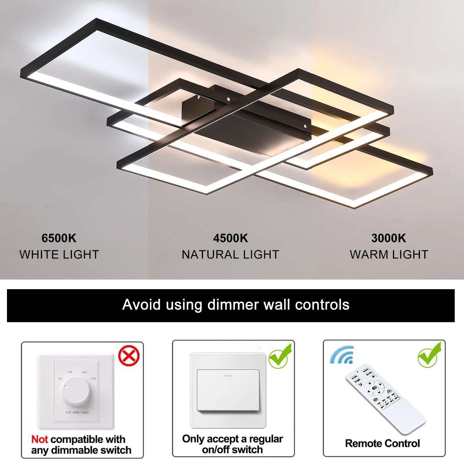Garwarm Dimmable Ceiling Light, 3 Squares Modern LED Ceiling Lamps with Remote Control, 50W Acrylic Flush Mount Ceiling Light Fixture for Living Room Bedroom Kitchen(Black) - Image 2