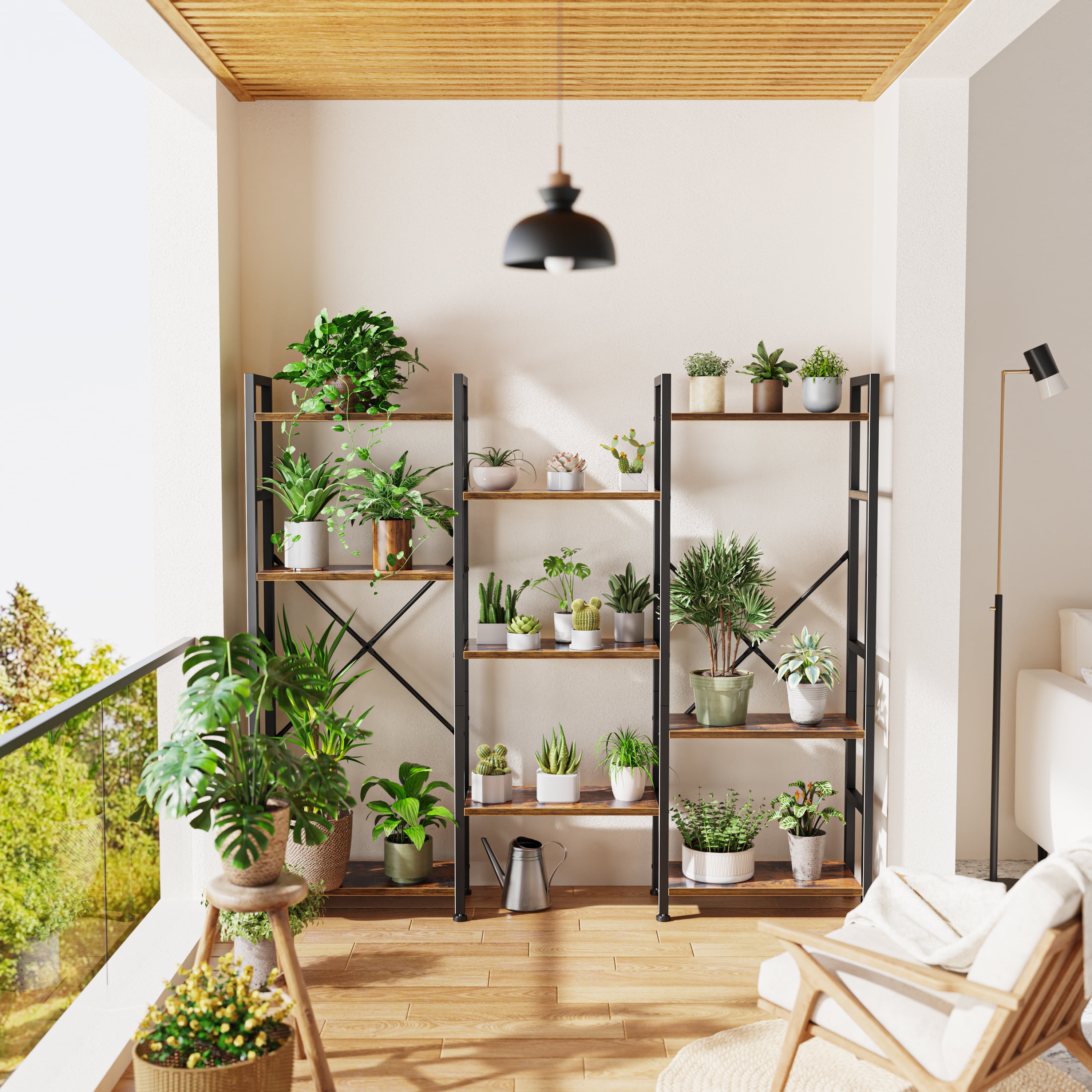 4 Tiers Industrial Bookcase and Bookshelf, Metal Wood 11 Display Shelves, Large Book Shelf for Living Room, Storage Shelf Organizer, Book Case in Brown - Image 6