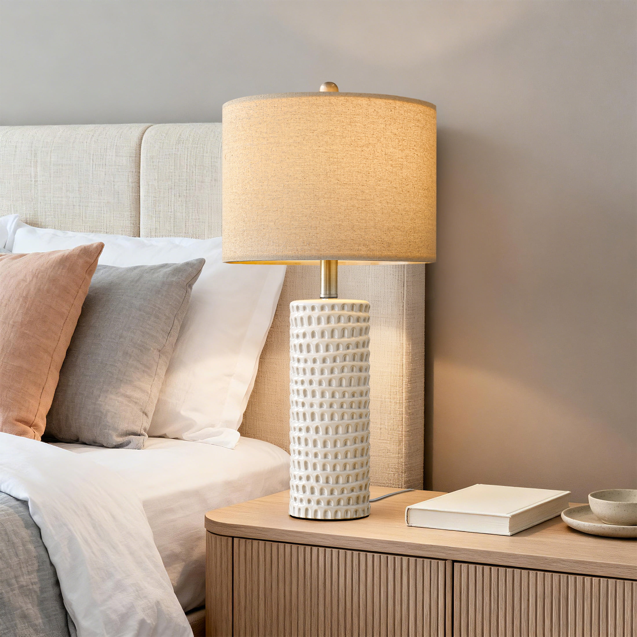 Oneach Ceramic Table Lamp Set of 2 24" White Contemporary Bedside Nightstand Lamps for Bedroom Living Room - Image 4