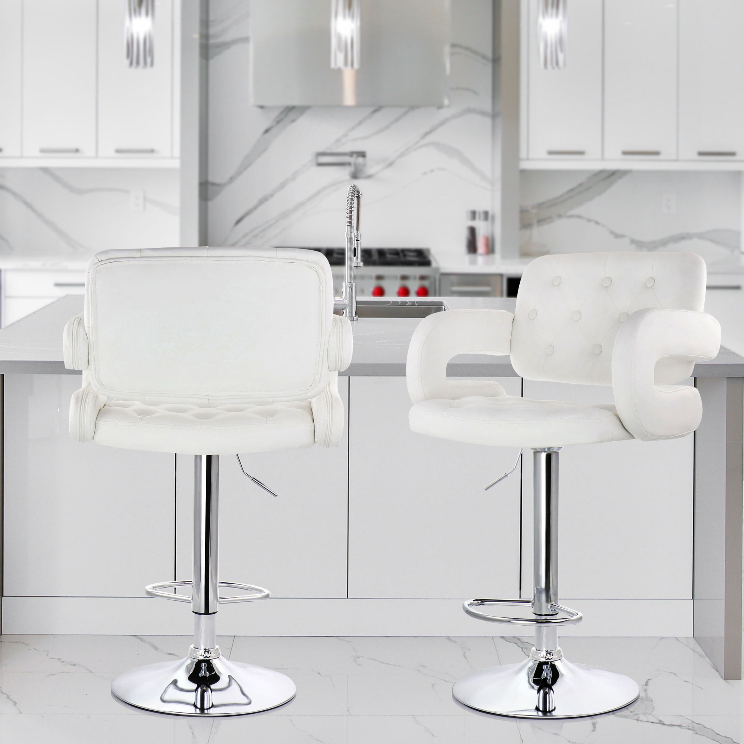 Elama Faux Leather Tufted Bar Stool with Chrome Base and Adjustable Height in White - Image 5