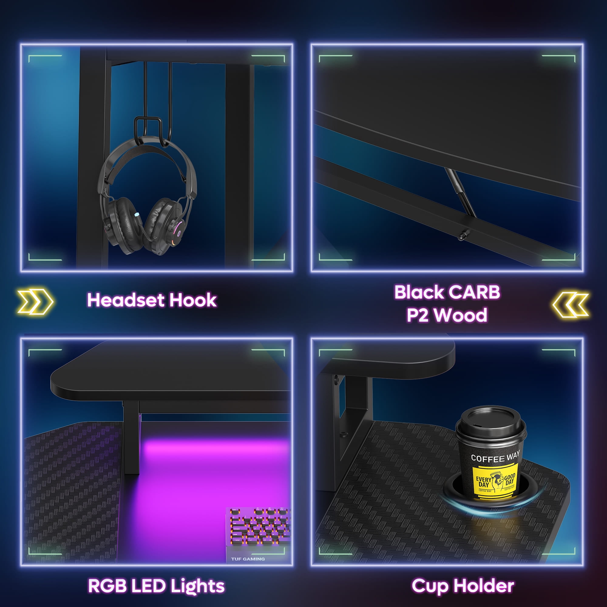 Bestier Gaming Desk 63" Ergonomic Computer Table with LED Lights Monitor Stand Cup Holder, Black - Image 5