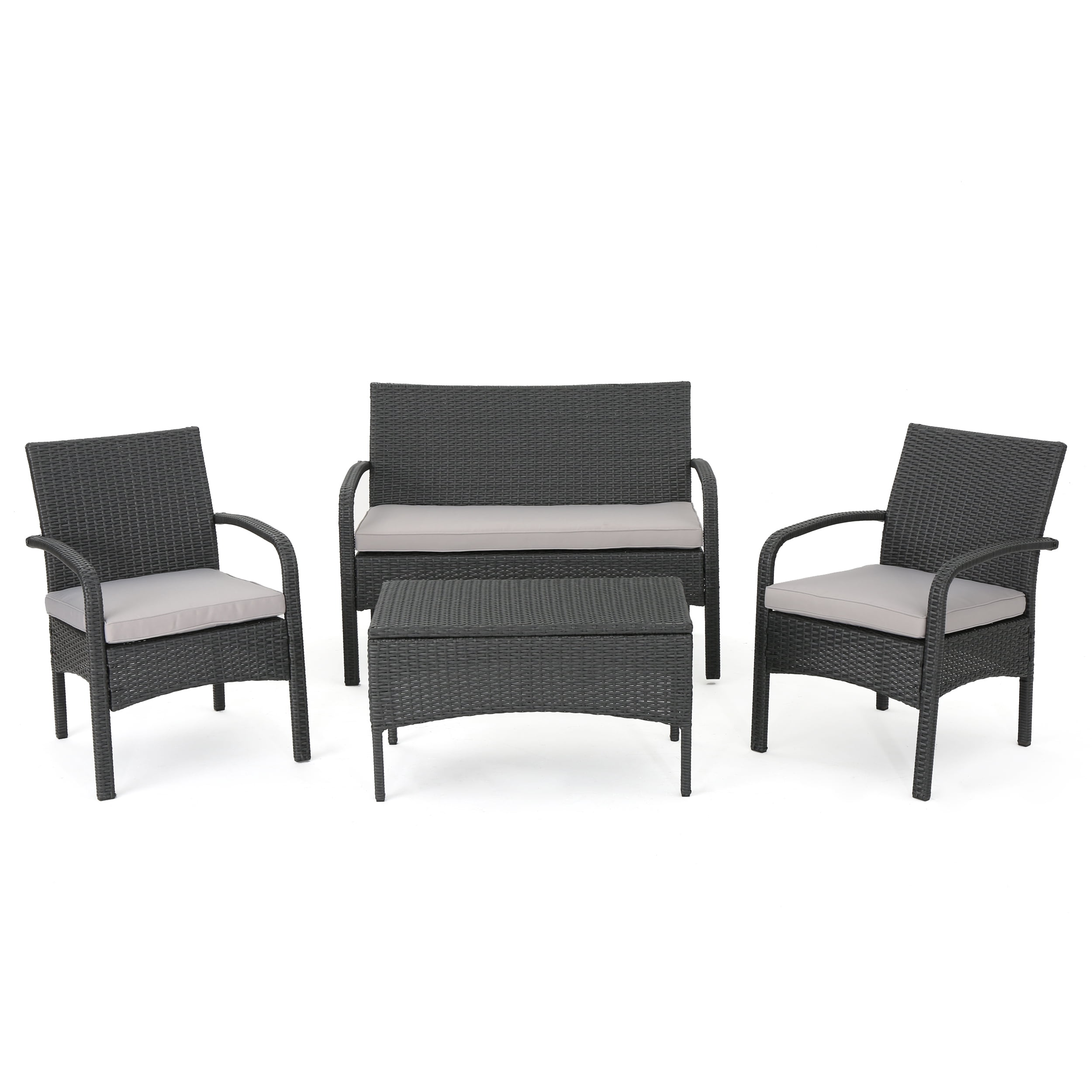 Zanoah Outdoor 4 Piece Wicker Chat Set with Water Resistant Cushions, Grey, Silver - Image 3