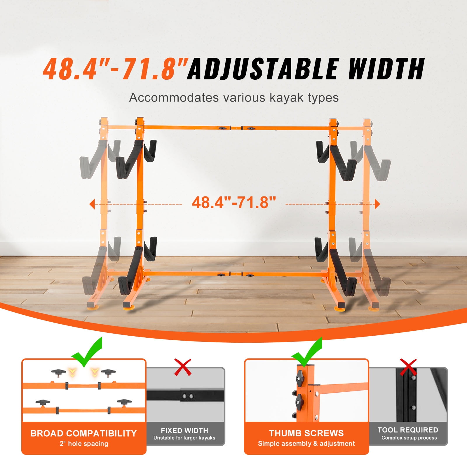 KFFKFF Industrial-Grade Steel Adjustable Width Kayak Storage Rack, 46.8 lbs, 71.8" - Image 5