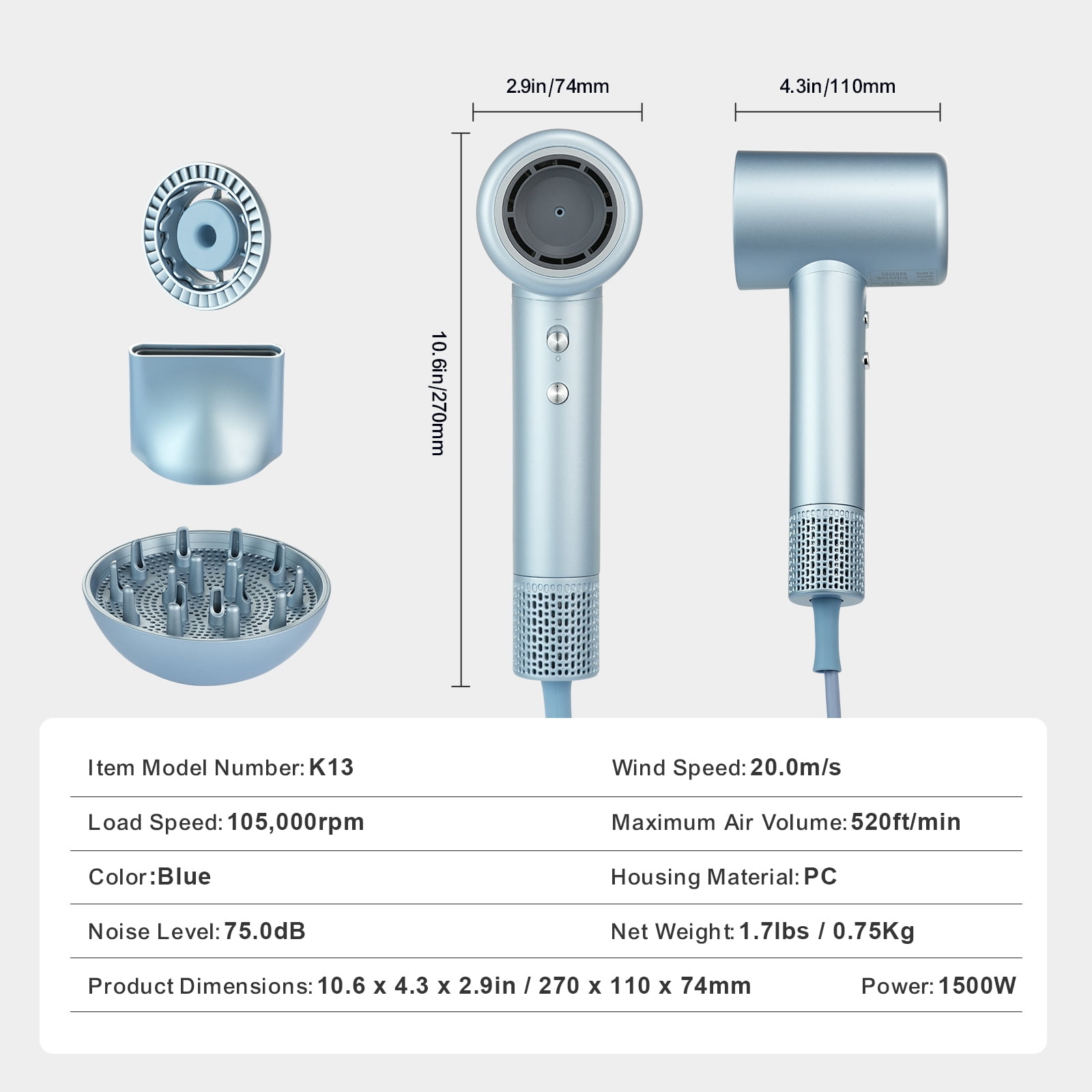 KFFKFF Hair Dryer, 200 Million Negative Ionic Blow Dryer with 105, 000 RPM High-Speed Blow Dryer, 4 Temperatures & 3 Speeds Brushless Motor for Fast Drying, Low Noise Thermo-Control Haird - Image 2
