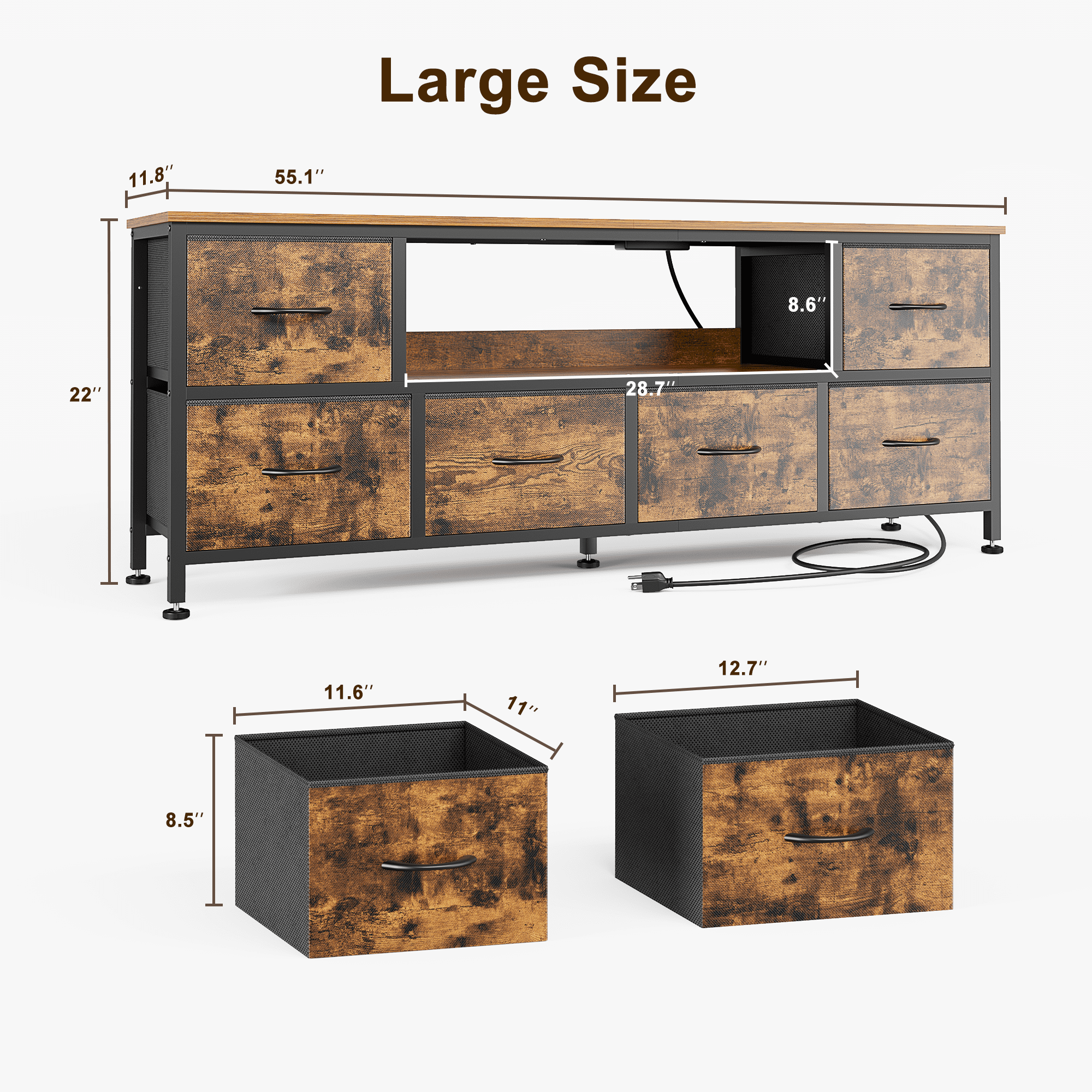 GIKPAL Dresser TV Stand with 6 Drawers, TV Stands for 55 inch TV, Brown Dresser Chest of Drawers, Fabric Dresser with LED Lights and Outlets - Image 5