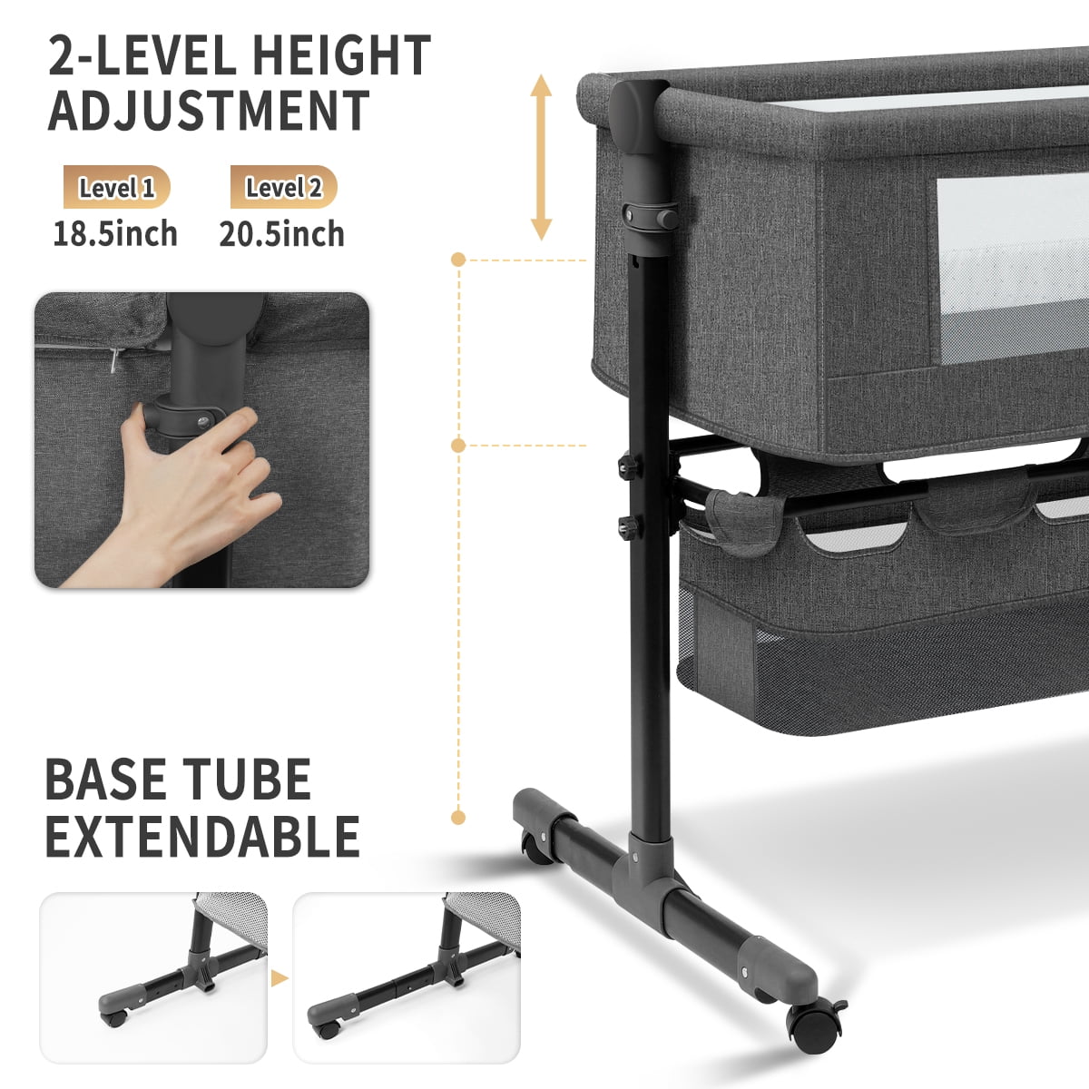 HDJ 4 in 1 Baby Bassinet, Portable Infant Bedside Crib with Lockable Wheel for 0-6 Months Baby, Dark Gray - Image 4