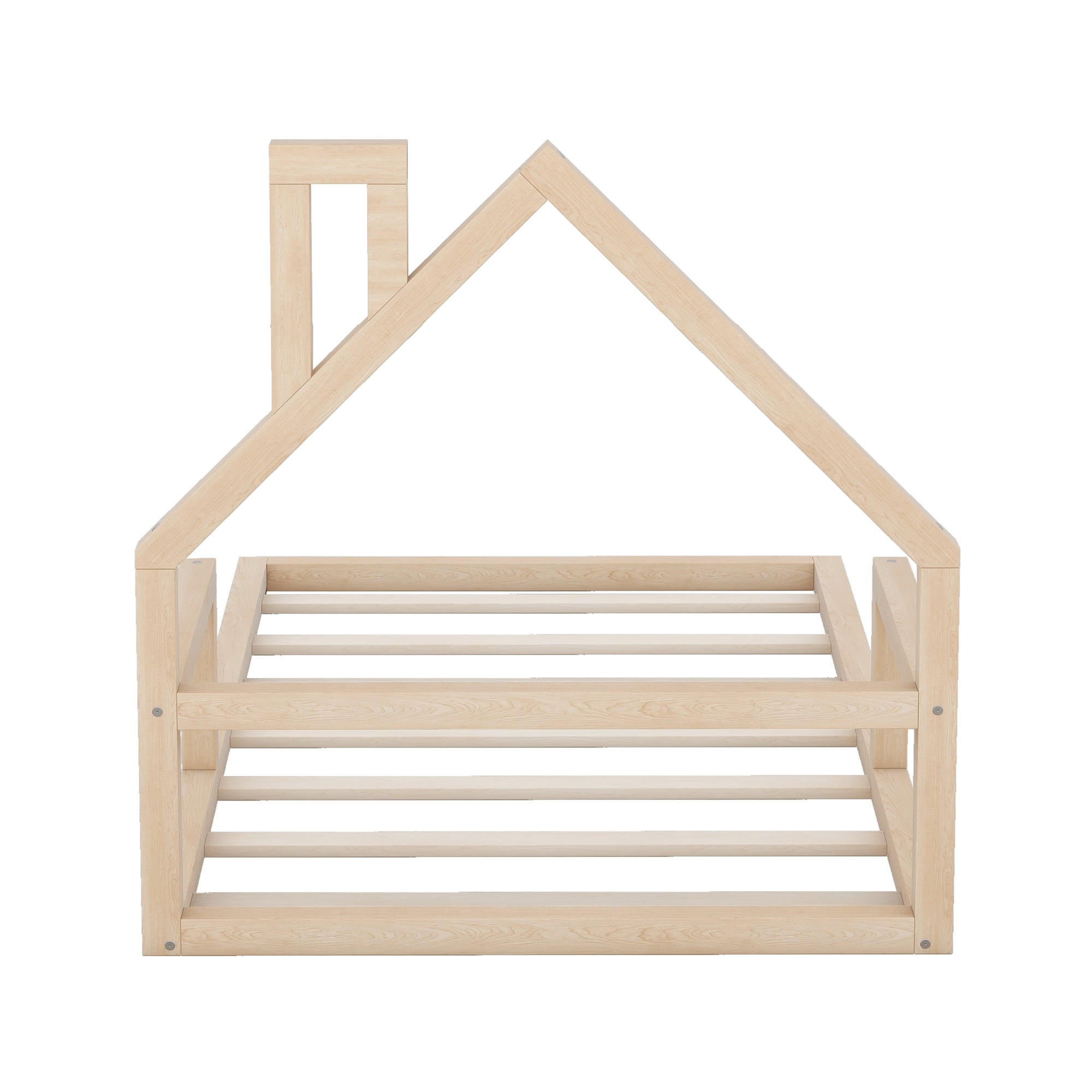 Euroco Twin Size Wood Floor Bed for Kids Room, Toddler House Bed, Natural - Image 2