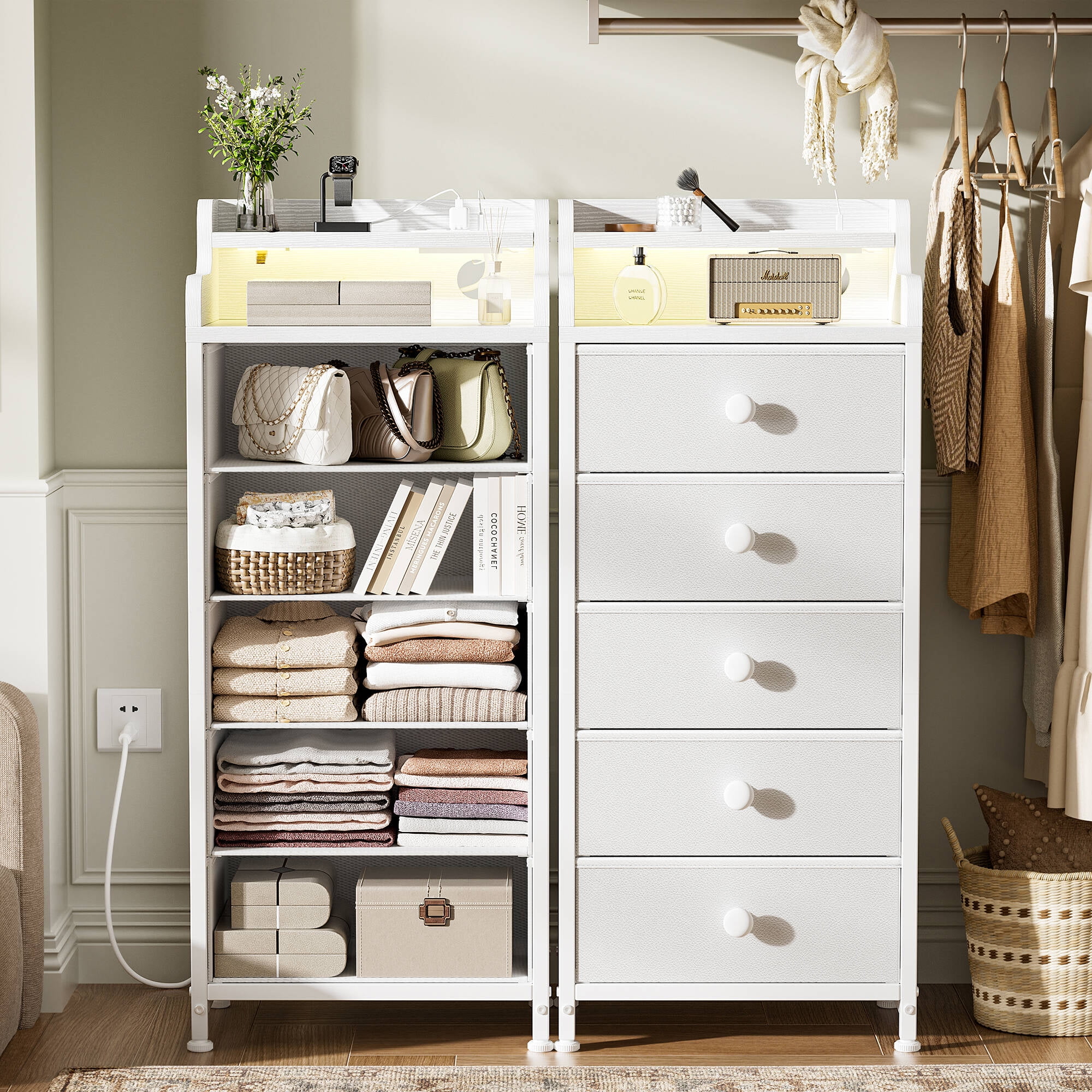 GUNAITO Led Dresser for Bedroom with 5 Drawers Tall Narrow Chest of Drawers Fabric Storage Dresser for Adults,White - Image 9