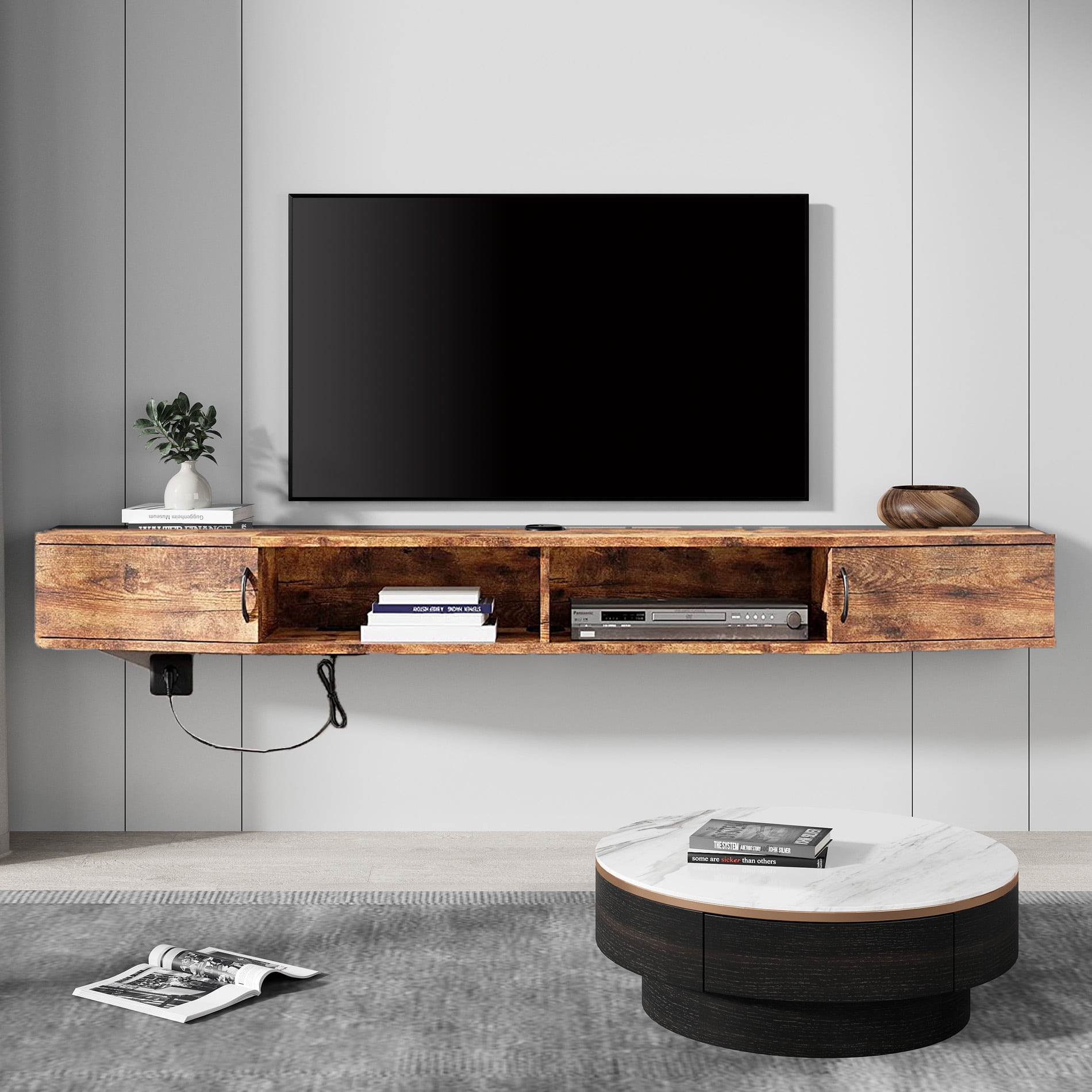 Floating TV Stand Wall Mounted Shelf with Blue LED Lights, Wood Media Console Entertainment Center Under TV, Cabinet Hutch Desk Storage for Living Room,Rustic Brown - Image 8