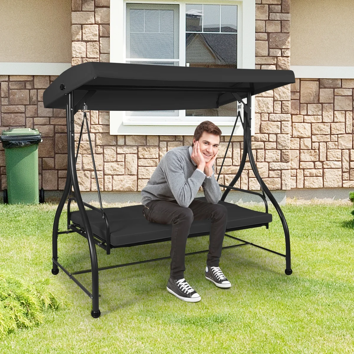 Costway Converting Outdoor Swing Canopy Hammock 3 Seats Patio Deck Furniture Black - Image 8
