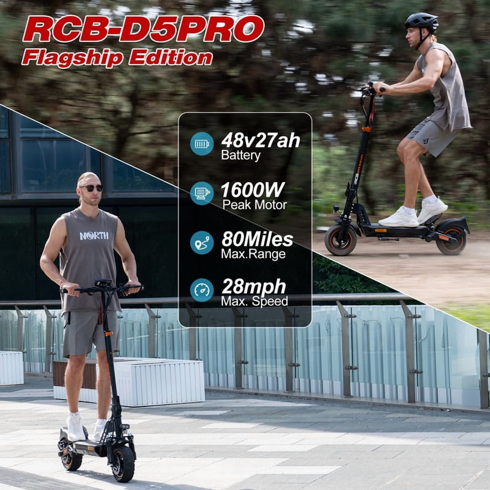 RCB D5PRO Electric Scooter Adult,1600W Peak Motor, 48V27Ah Battery, Up to 80 Miles Range, 10"Anti-Flat Off-Road Tires, Dual Brakes&Dual Suspension, Foldable Commuter Scooter with App & NFC - Image 5