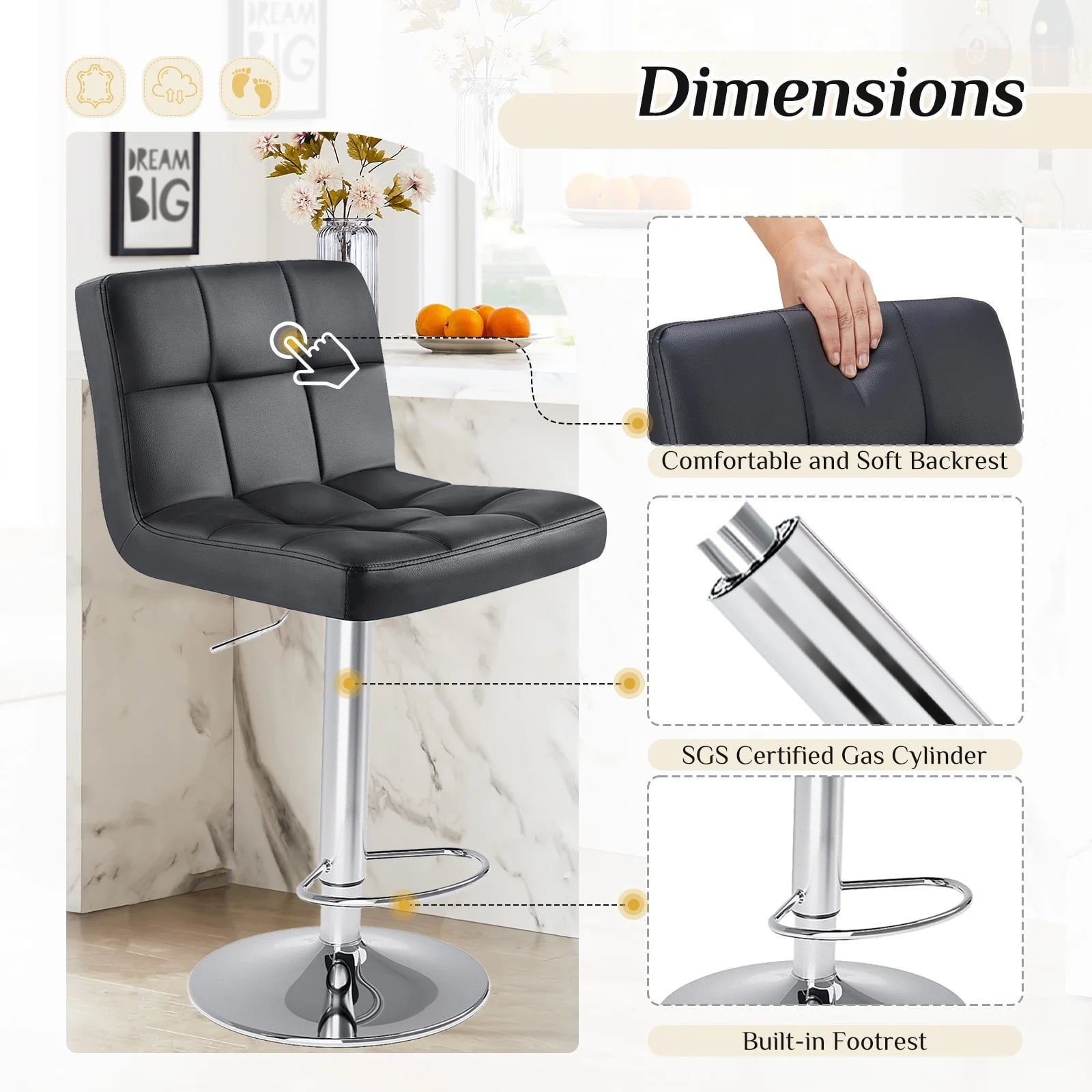 JIOABL Bar Stools Set of 2, Armless Adjustable Swivel Barstools, PU Leather Hydraulic Kitchen Counter Height Bar Stools, Thickened Seat Cushion Square Island Barstools with Back, Black - Image 5