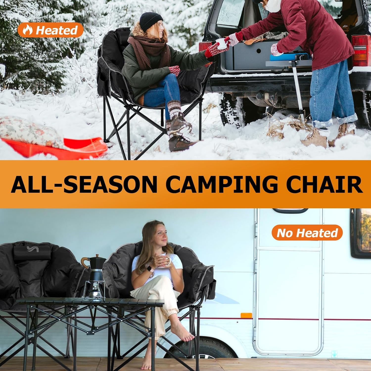 ABORON Oversized Heated Camping Chair with Pillow, Outdoor Portable Heated Folding Chairs, Patio Lounge Chairs with 3 Heat Levels, Heating Chair for Outdoor Sports, Camping - Image 2