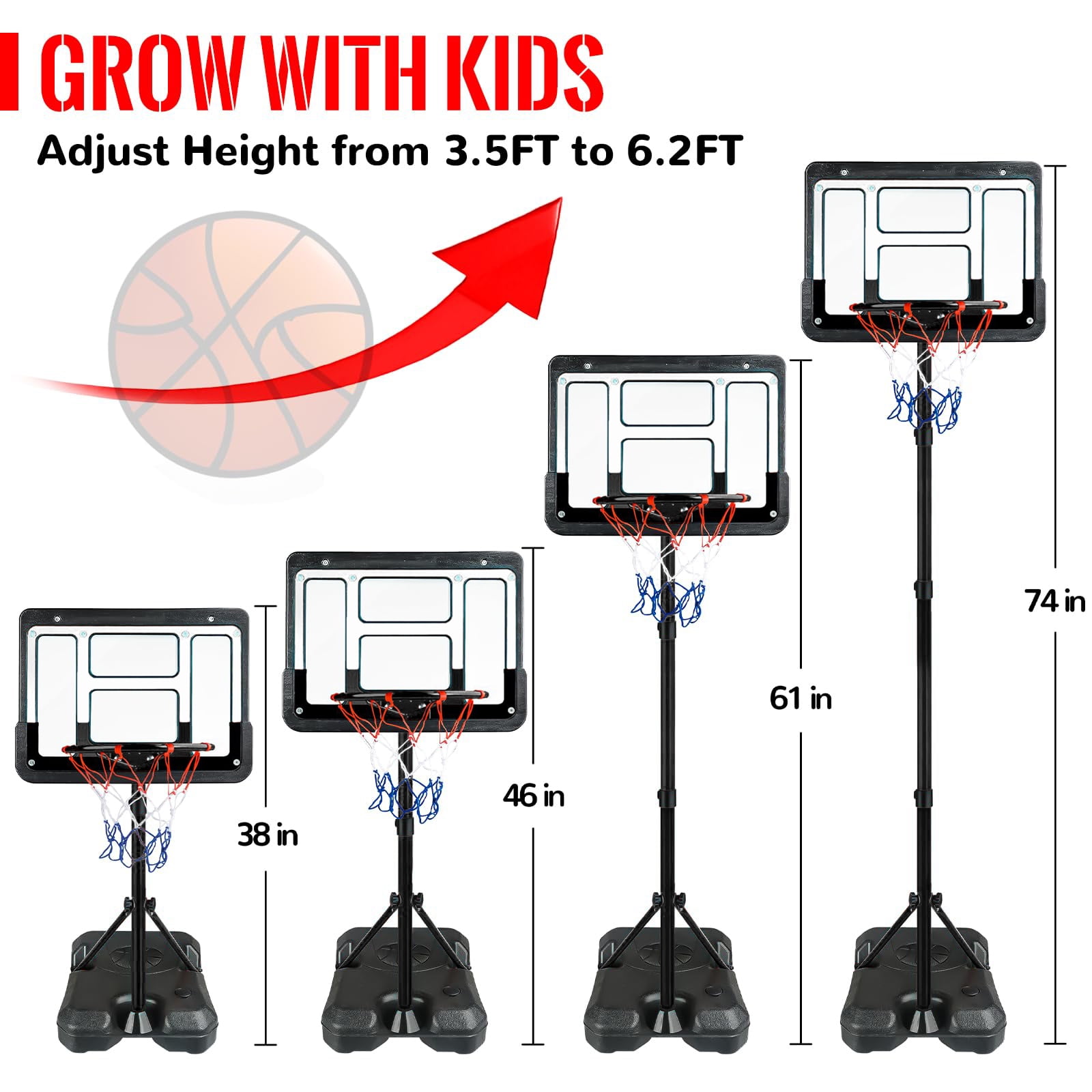 JBeeCtrl Kids Basketball Hoop for Kids with Stand Adjustable Height 3.5 ft-6.2 ft Indoor & Outdoor Portable Toddler Kids Basketball Goal - Image 2