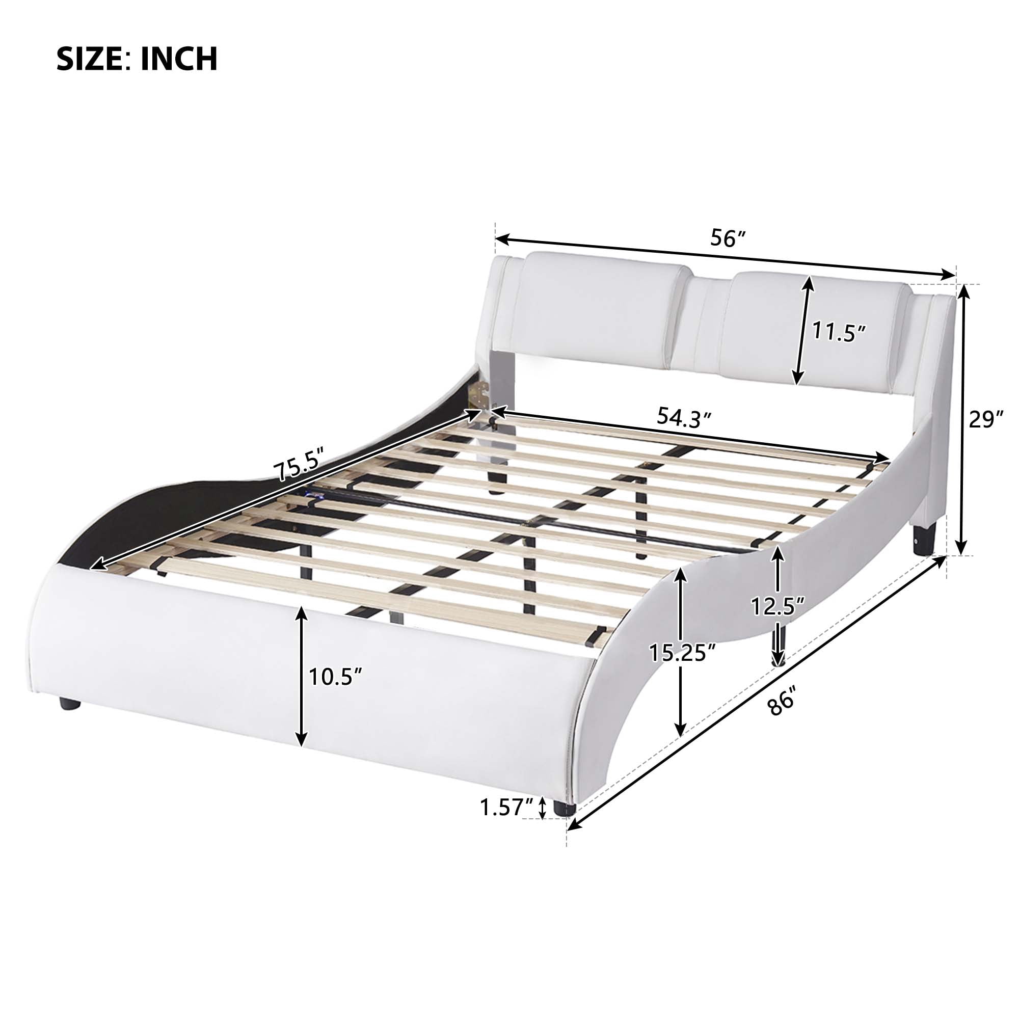 Aukfa Faux Leather Full Upholstered Platform Bed with Headboard, 16 LED Bed Frame - White - Image 2