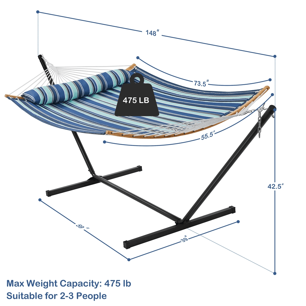 Renwick Padded Hammock & Steel Stand Set with Pillow for 2–3 People, Blue Stripe - Image 3