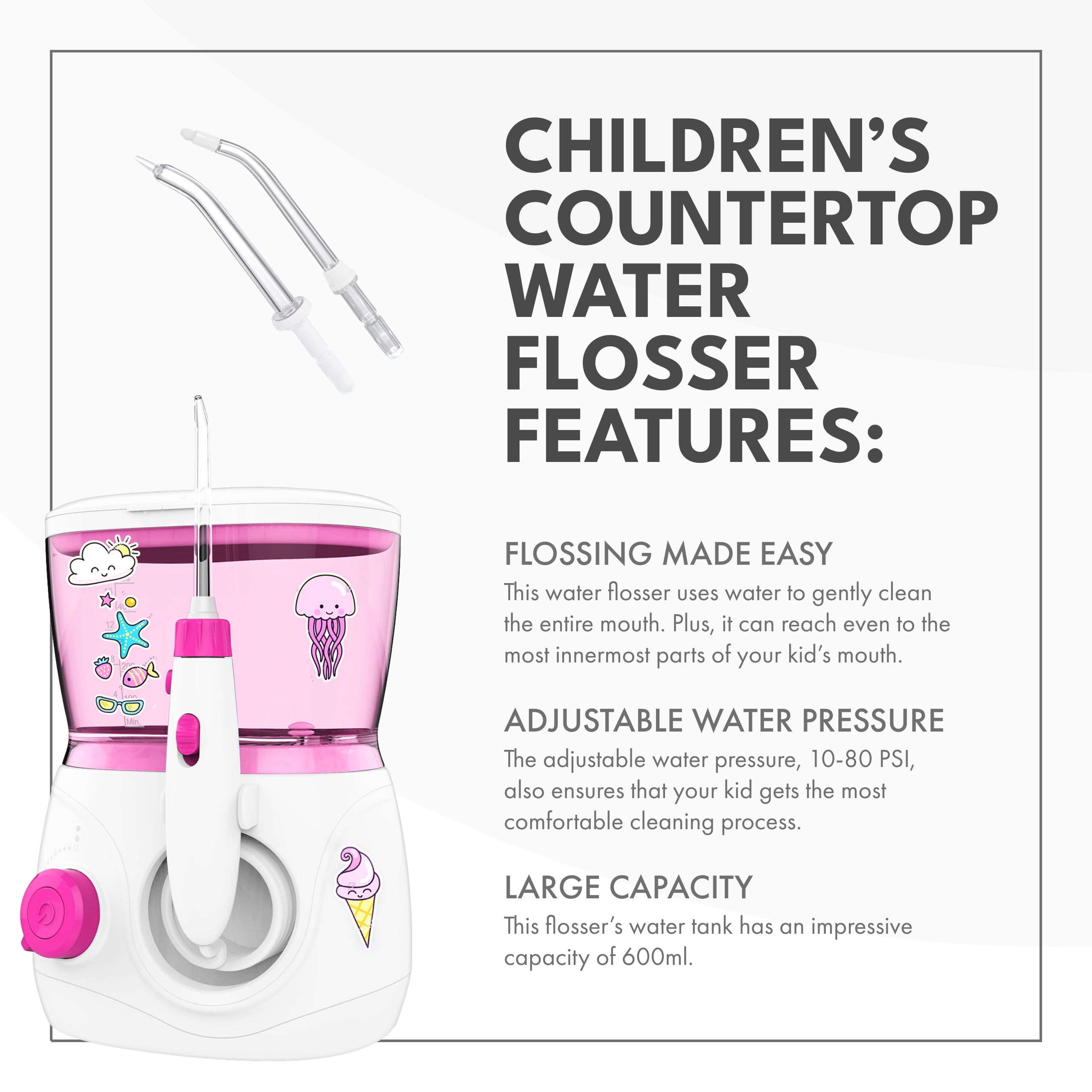 ToiletTree Products Water Flosser for Kids BPA-Free Portable Water Flosser with 600ml Capacity, Pink - Image 7