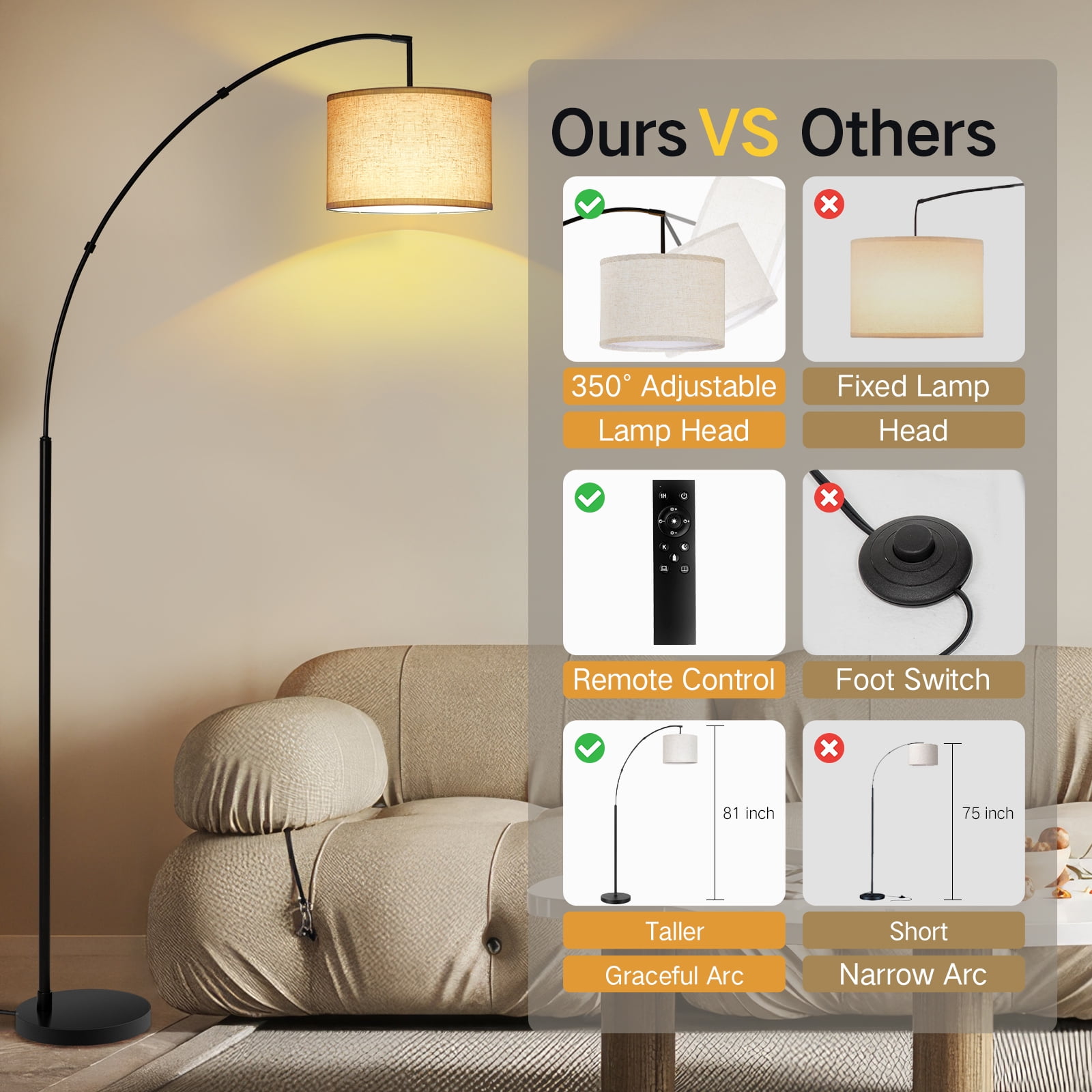 OUTON 81" Arc Floor Lamp with Remote for Living Room, LED Dimmable Modern Standing Lamps with 4 Color Temperatures, Adjustable Linen Shade, Tall Light for Bedroom (Black+Beige Shade) - Image 6