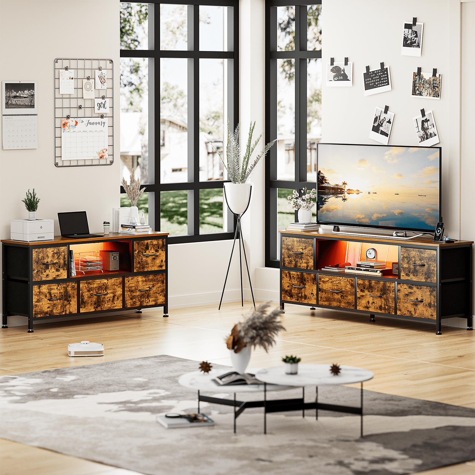 GIKPAL Dresser TV Stand with 6 Drawers, TV Stands for 55 inch TV, Brown Dresser Chest of Drawers, Fabric Dresser with LED Lights and Outlets - Image 4