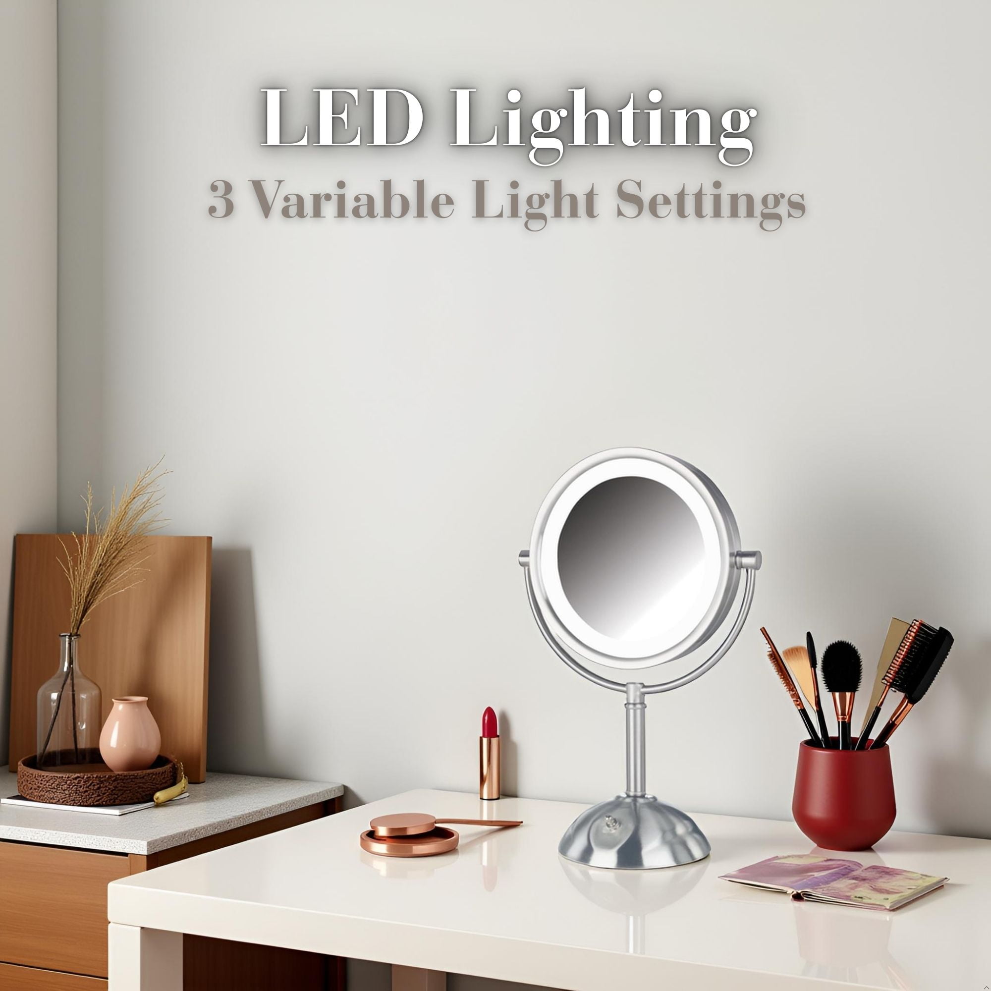 JERDON Lighted Tabletop Makeup Mirror - 1X and 8X Magnification - Nickel Finish - 8.5-Inch Diameter Vanity Mirror – Plug In - Model HL8808NL - Image 7