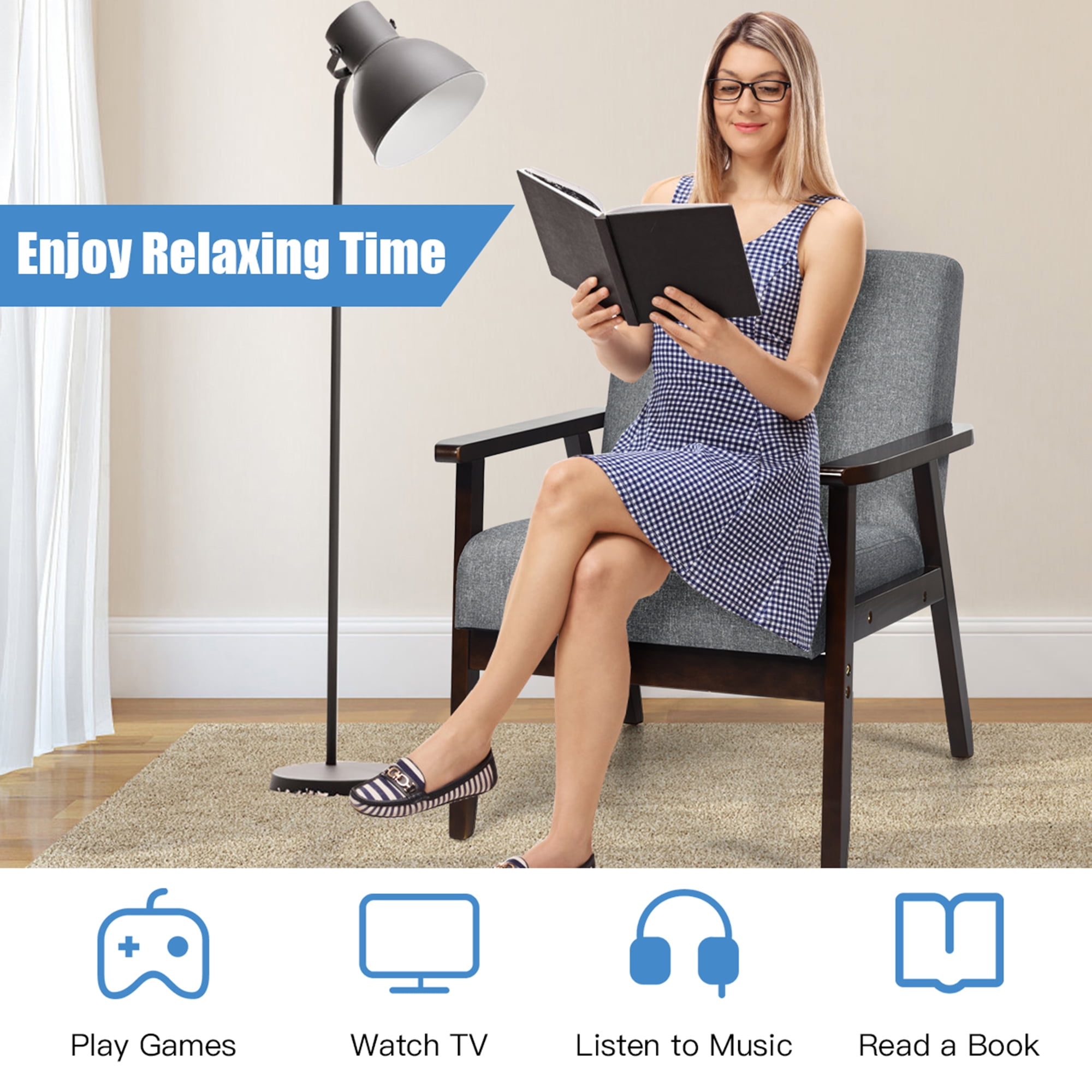 Gymax Wooden Upholstered Accent Chair Fabric Armchair Home Office Dark Gray - Image 2