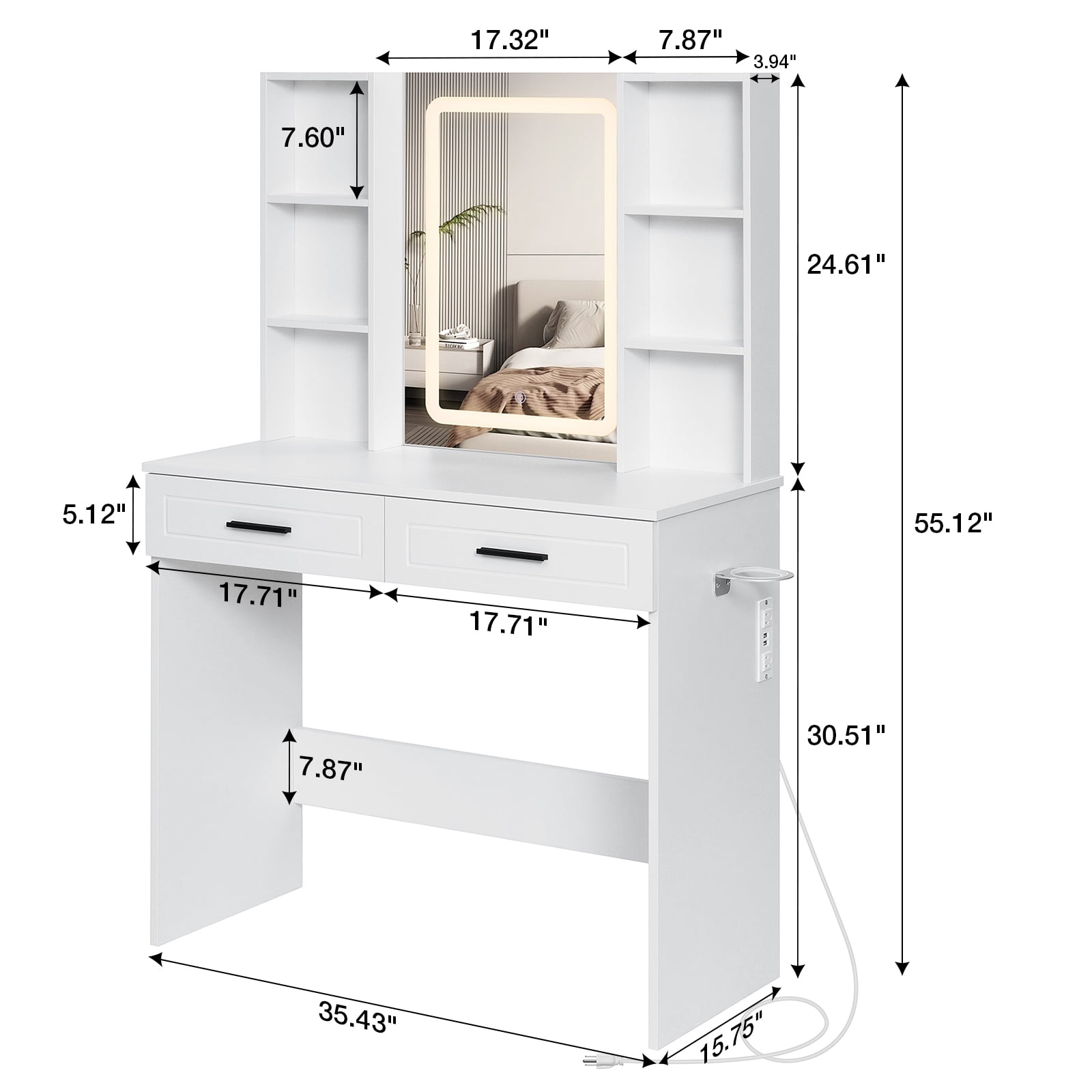 Hommpa Vanity Set with Mirror, Girls Makeup Vanity with LED Lights, White Vanity Desk with Drawers, Vanity Table with Charging Station for Women Bedroom Storage - Image 2