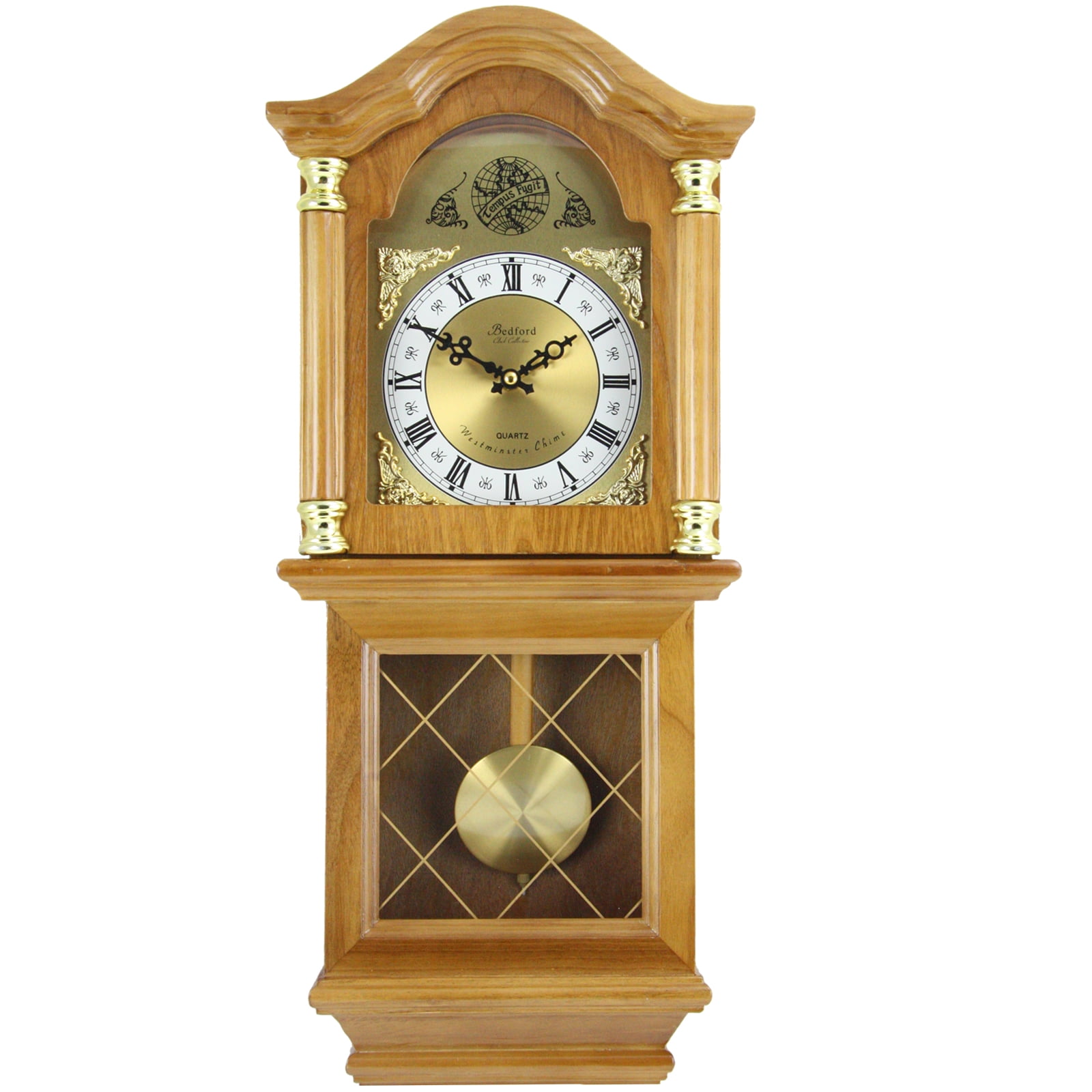 Bedford Clock Collection Classic Golden Oak Chiming Wall Clock With Swinging Pendulum - Image 2