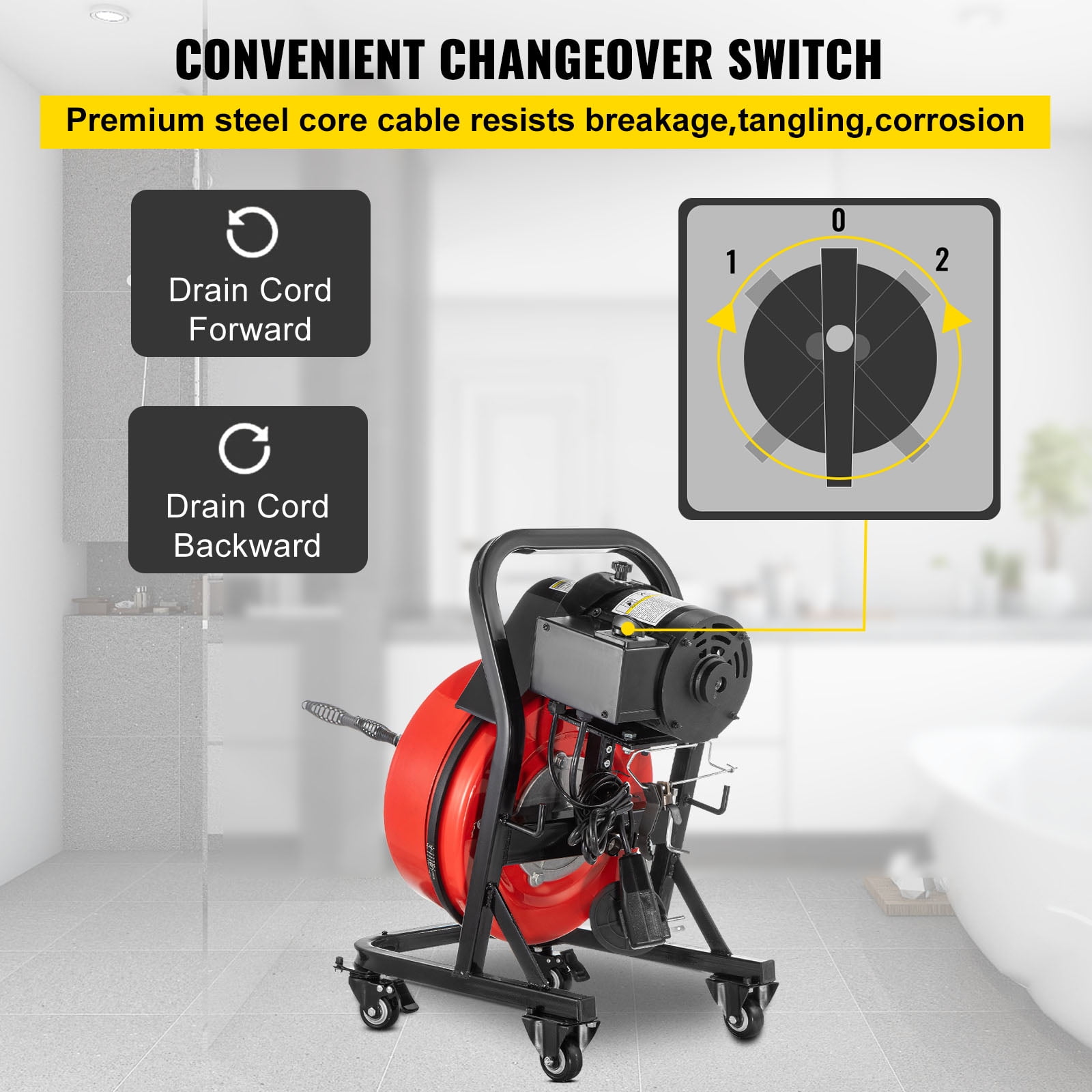 VEVOR Drain Cleaner Machine 50ft x1/2 in, 250W Electric Drain Cleaning Machine ,Drain Auger Cable w/Wheels - Image 9