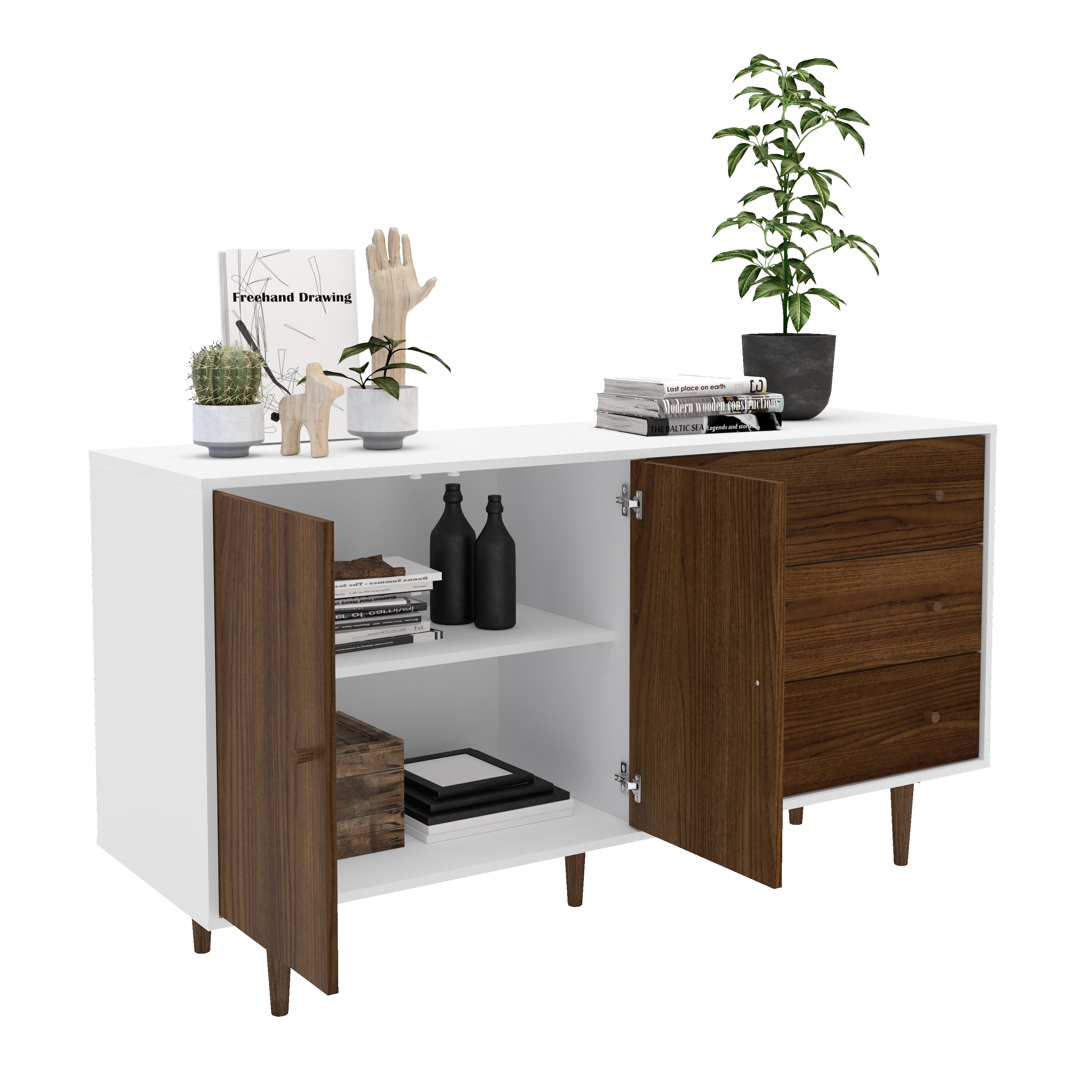 Polifurniture Pasadena Modern Sideboard with 2 Doors and 3 Drawers, White & Walnut - Image 11