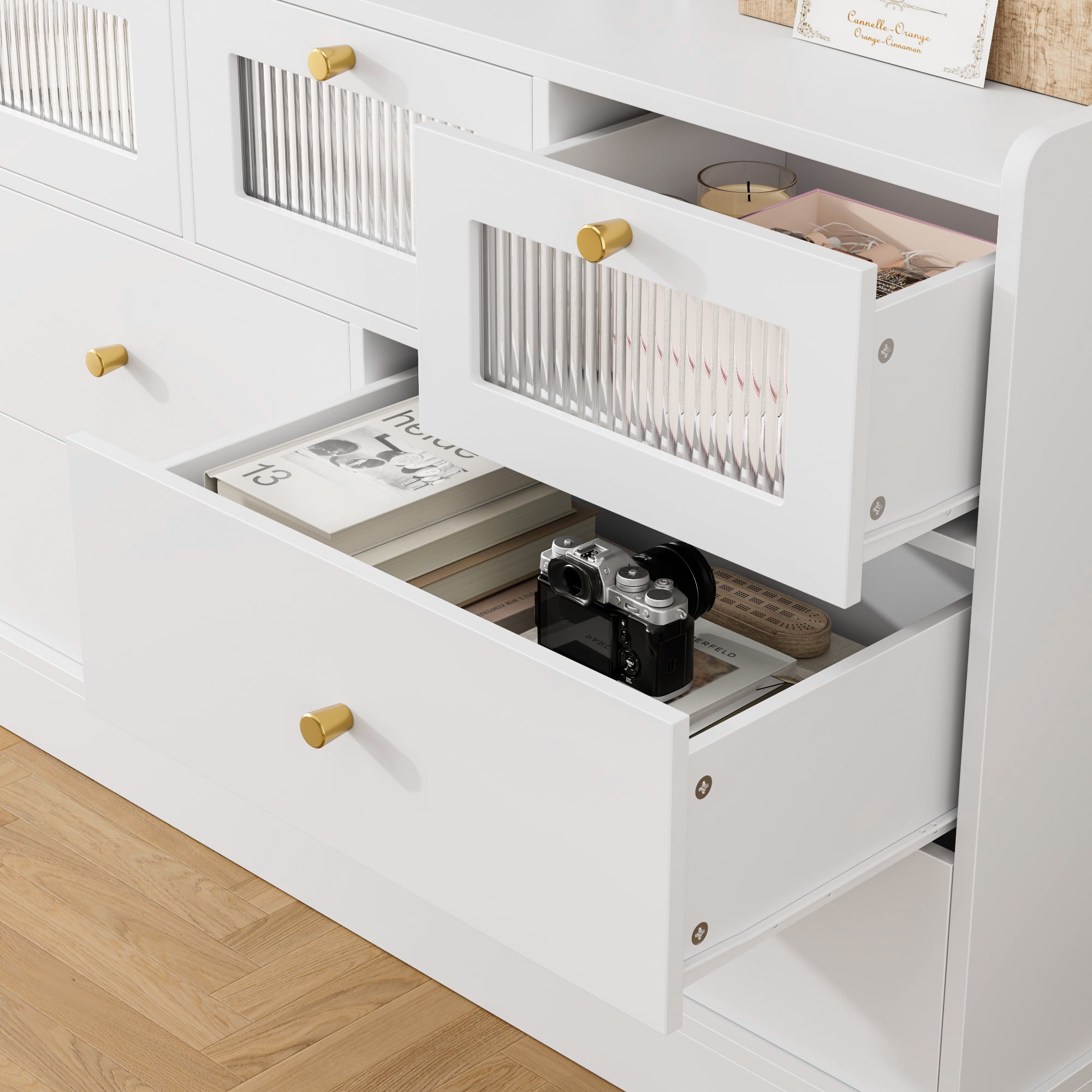 Homfa 7 Drawers Glass Dresser for Bedroom, Modern Storage Cabinet with Gold Knob and Thickened Base, White - Image 6