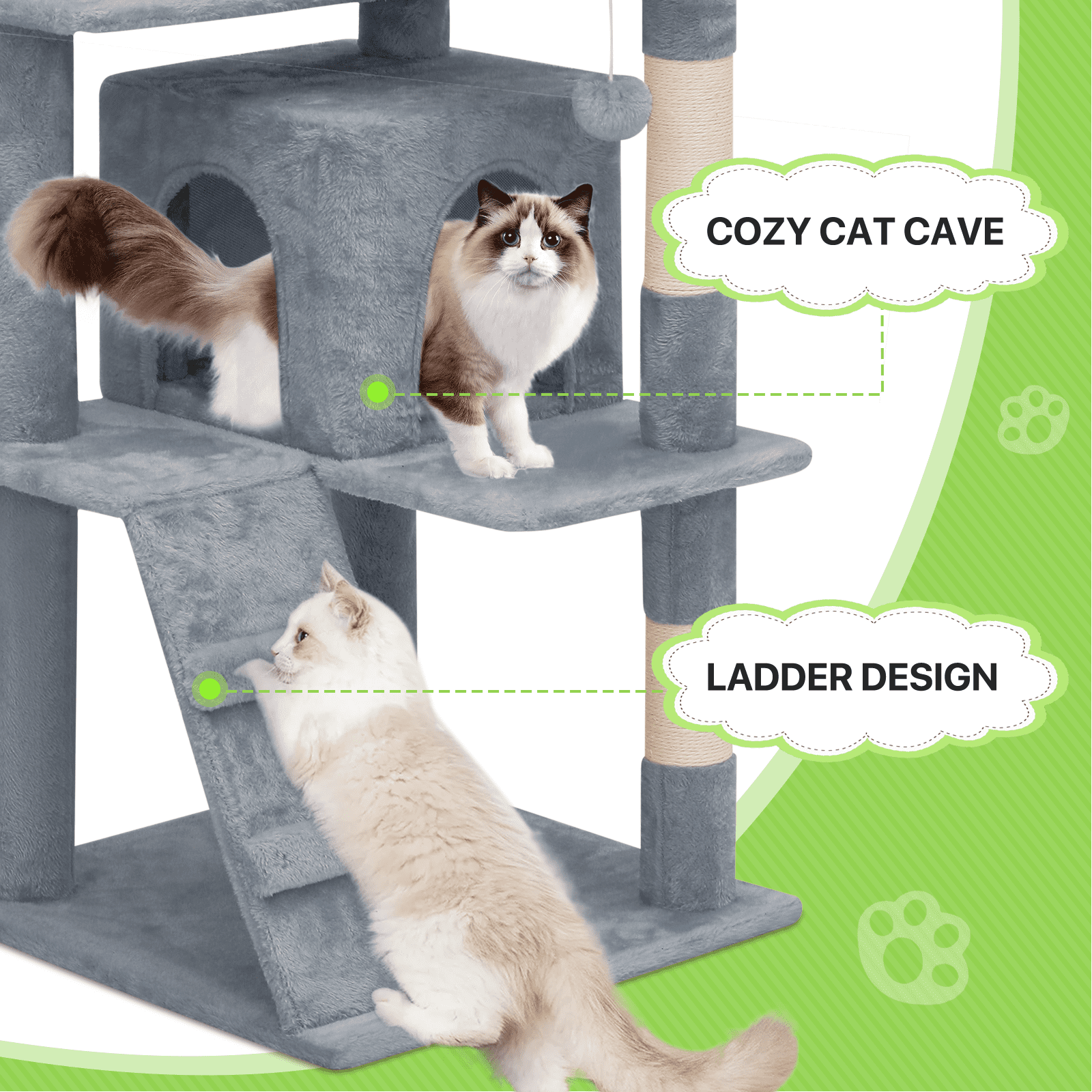 Magshion 60" Multi-Level Cat Tree Tower with Caves, Gentle Ramp, and Pompoms for Indoor Cats, Light Gray - Image 2