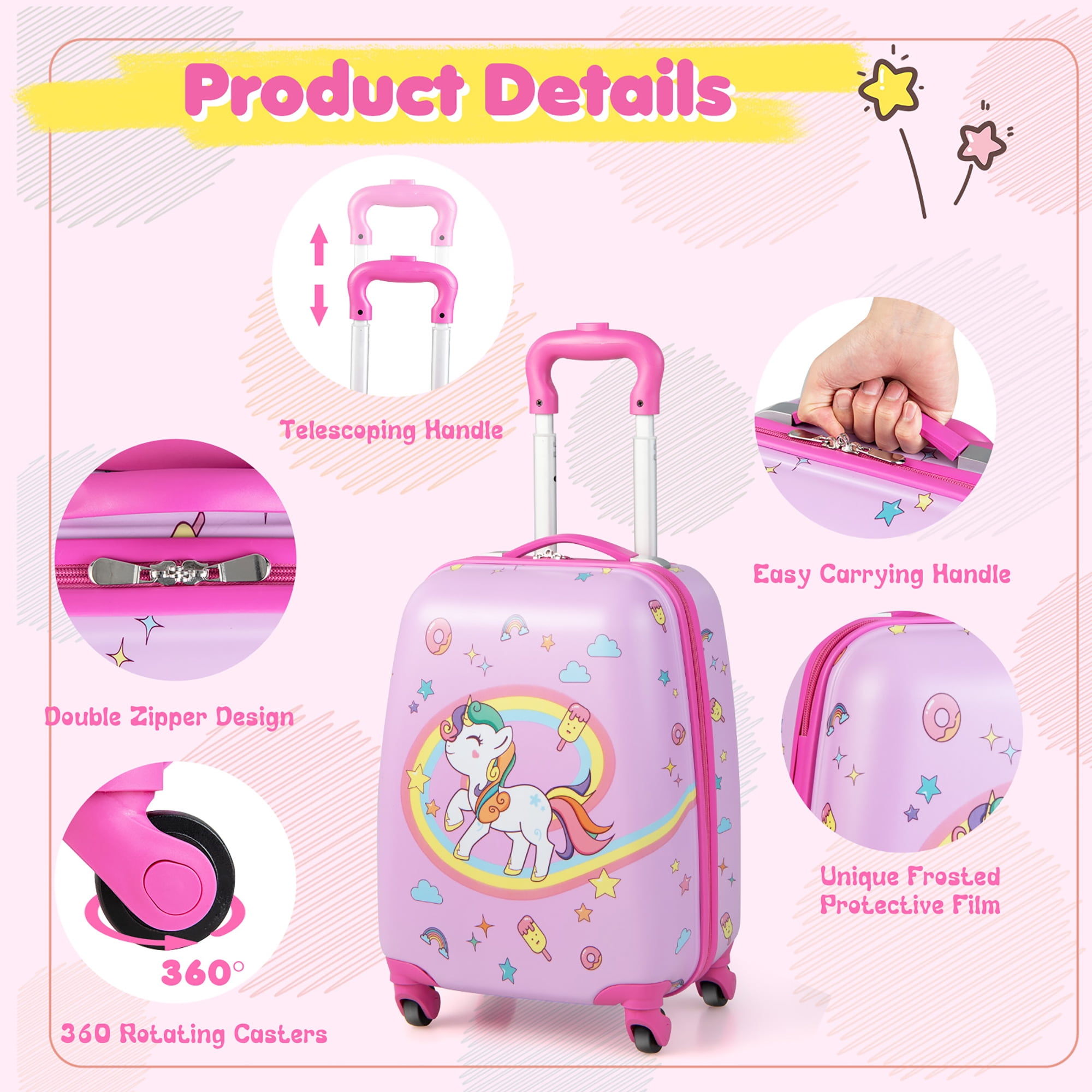 Costway 2PC Kids Carry On Luggage Set 12" Backpack and 16" Rolling Suitcase for Travel - Image 2