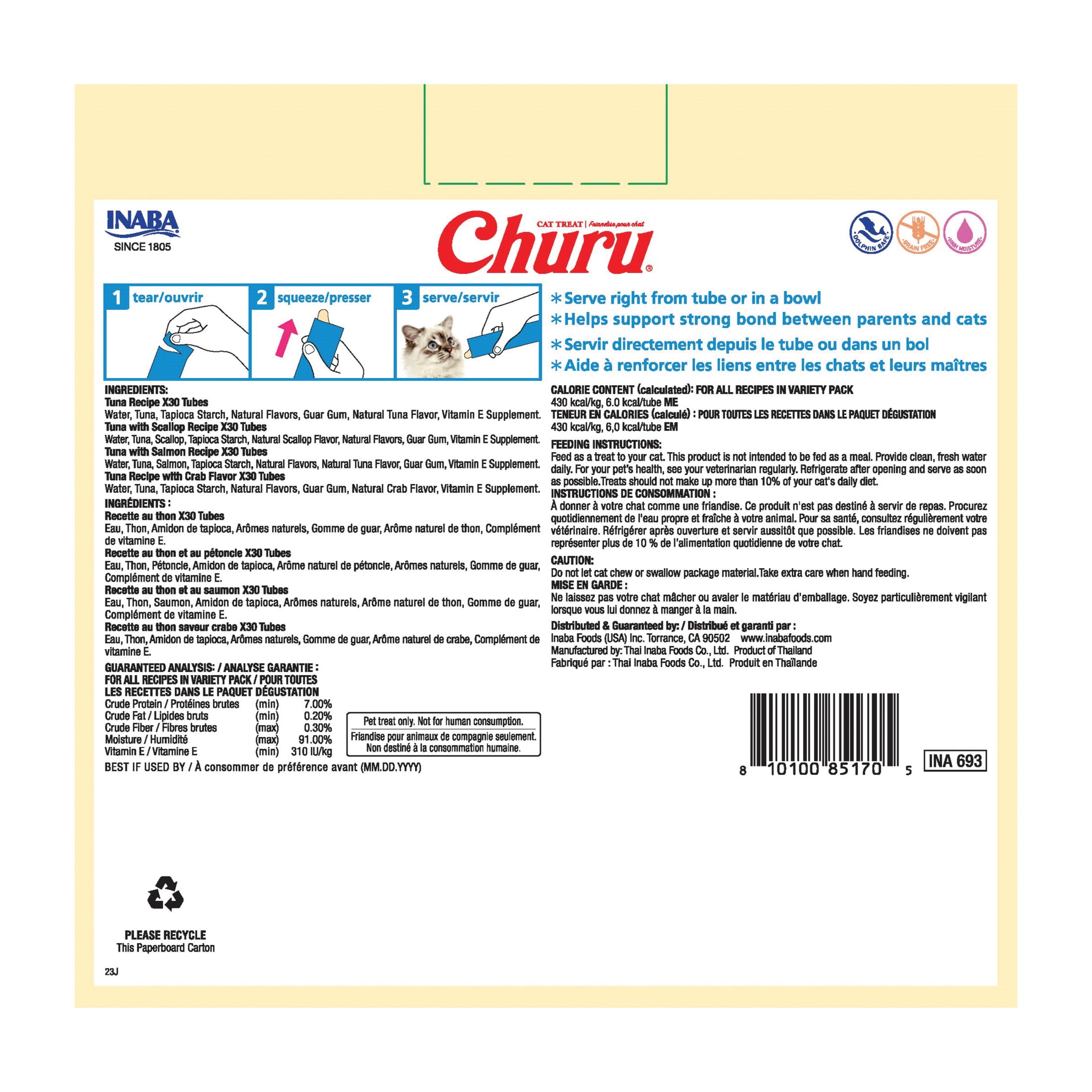 INABA Churu Cat Treats, Lickable, Squeezable Creamy Purée with Vitamin E, 0.5 Ounces per Tube, 120 Tubes Total, Tuna Variety - Image 3