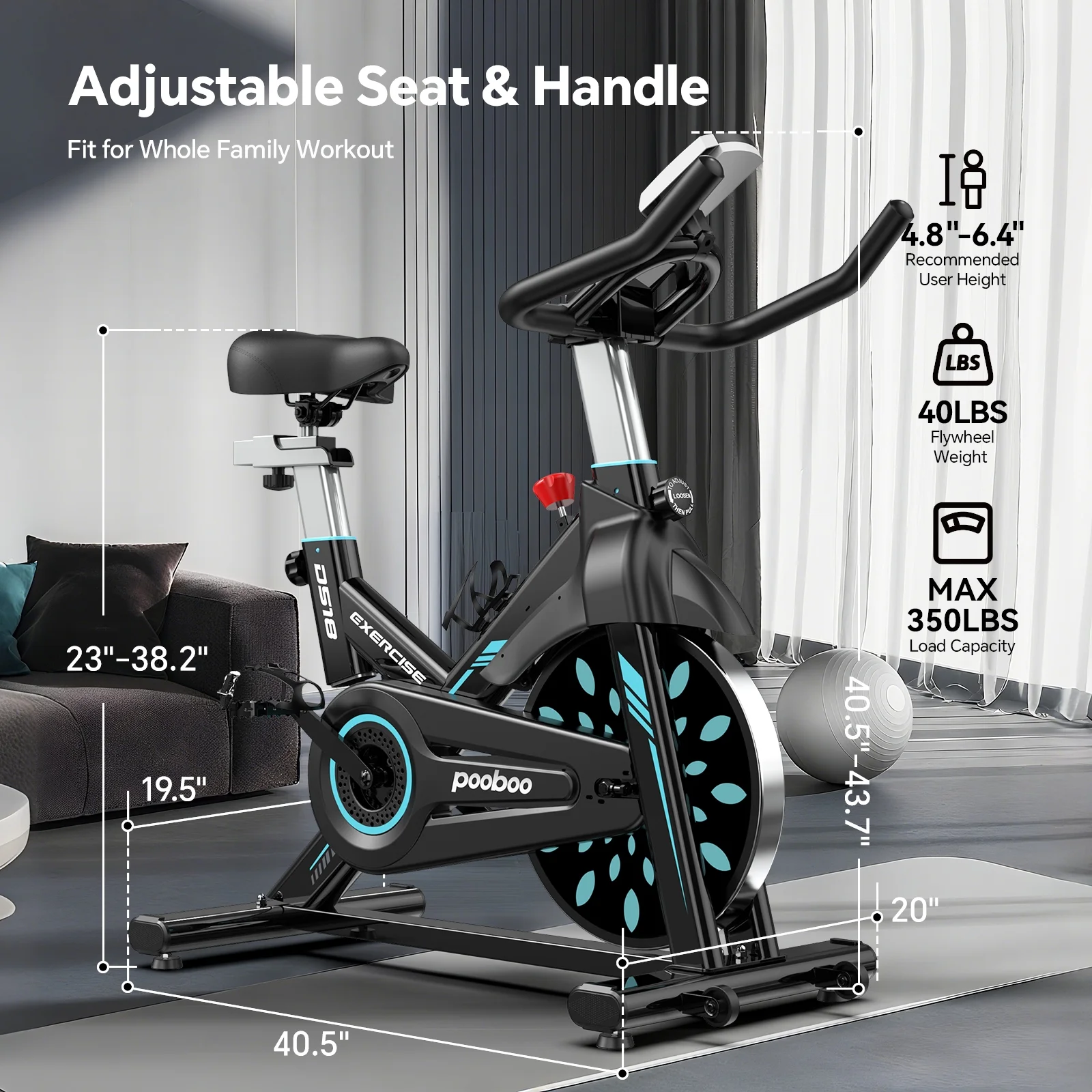 Pooboo Professional Indoor Cycling Bike Stationary Exercise Bikes Home Cardio Workout Bicycle Machine 350lb Flywheel Weight 40lbs - Image 9