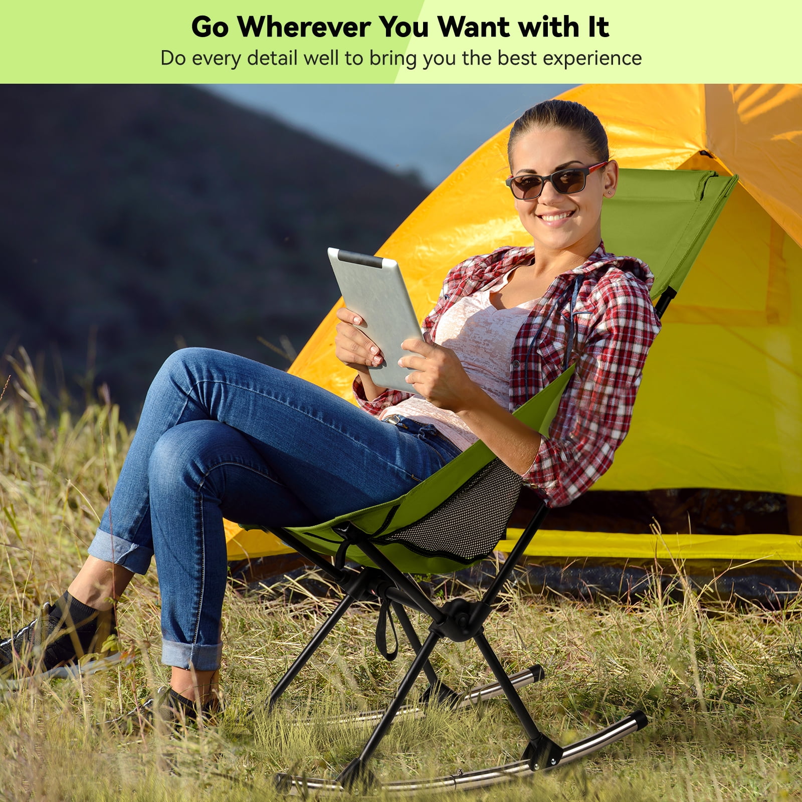 Camping Chair, Vecukty High Back Rocking Chair 165 lbs Capacity, Heavy Duty Compact Outdoor Portable Folding Rocker Chair for Camping Hiking Gardening Travel Beach Picnic,Green - Image 4