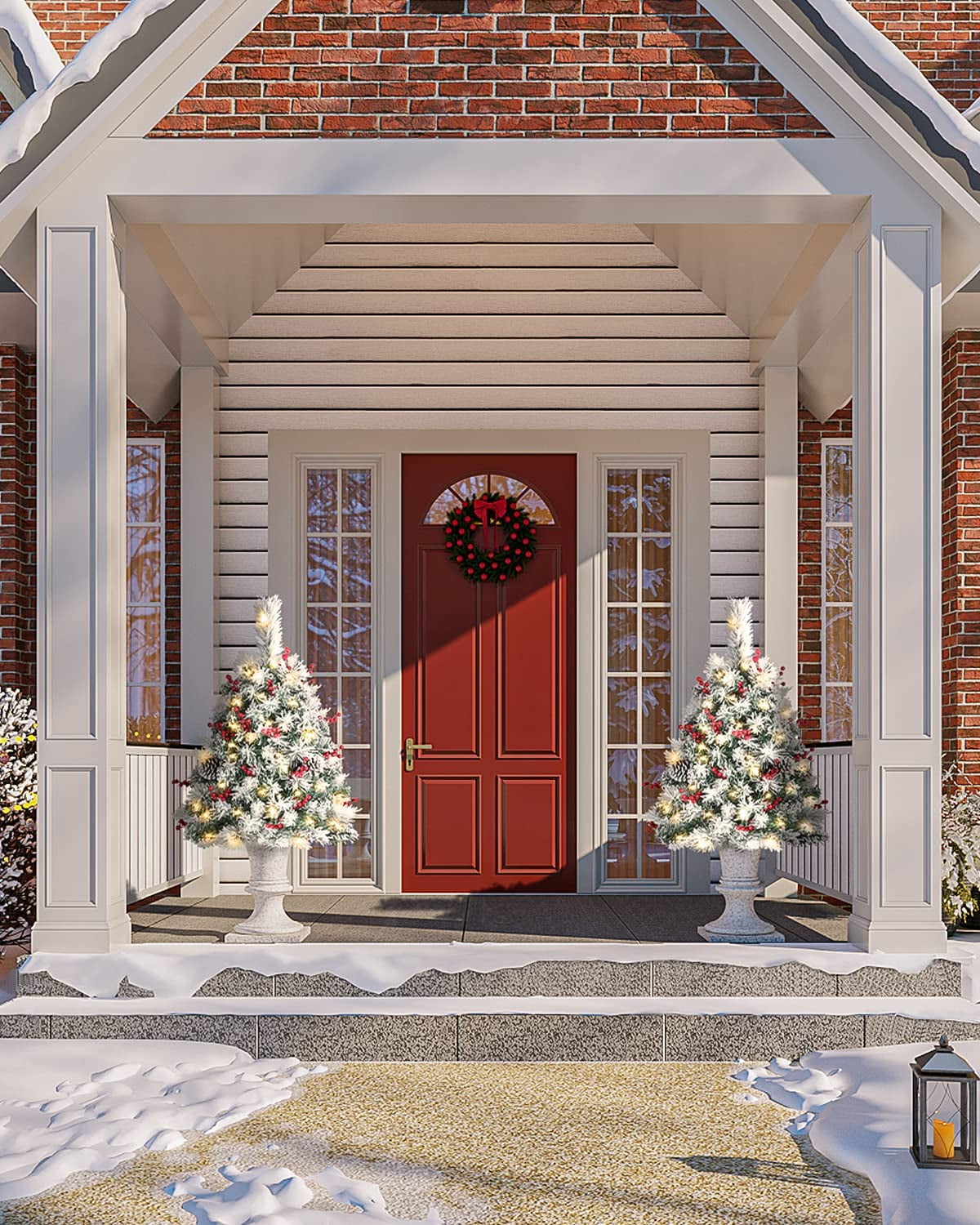 OasisCraft 24 Inch Outdoor Christmas Tree 2 Set, Pre-lit Mini Flocked Christmas Tree Artificial Pathway Xmas Tree 50 LED with Red Berries, Pinecones for Porch Holiday Decor, Green - Image 6