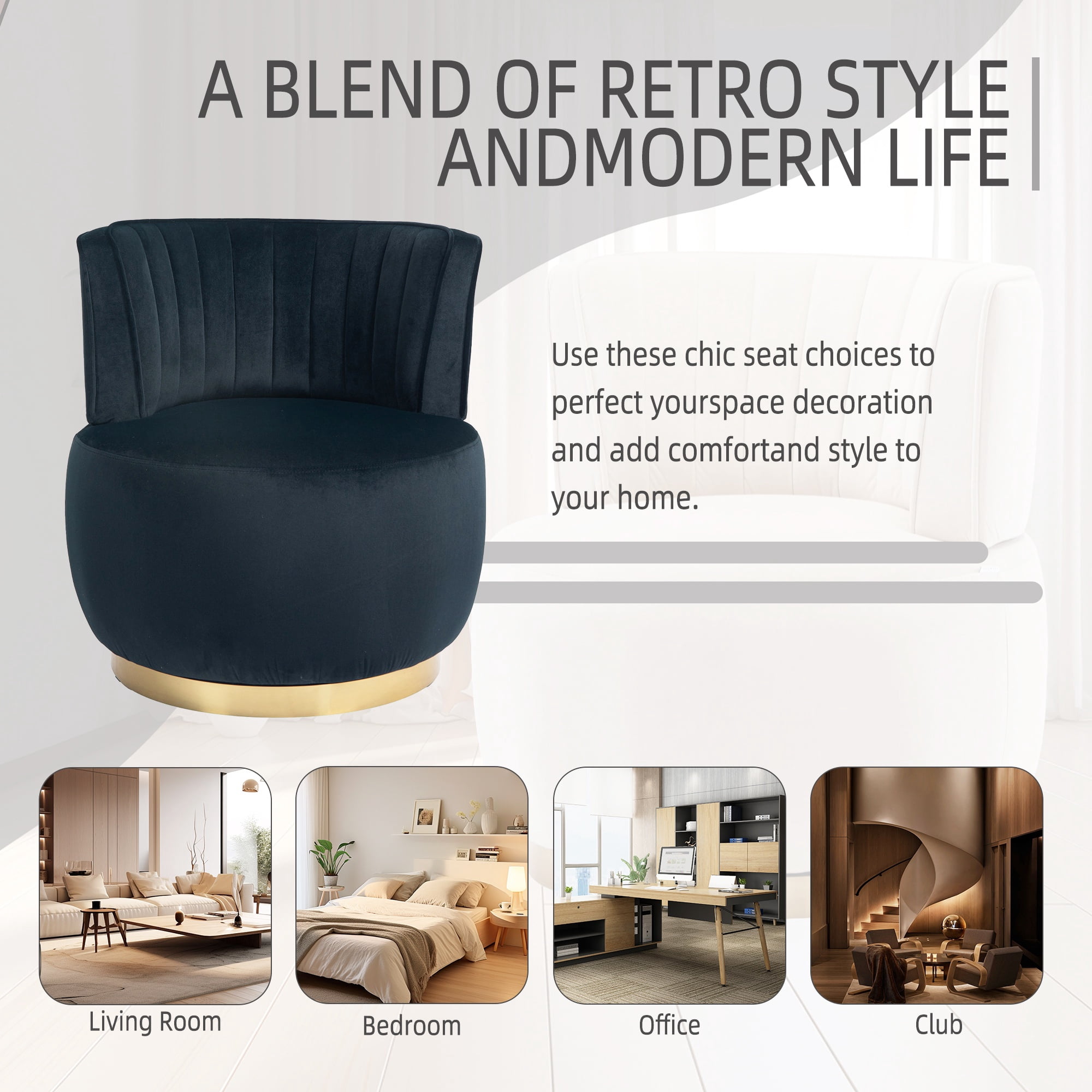 PAPROOS Swivel Accent Chair, Armchair with Velvet Fabric, Barrel Chair with Metal Ring for Living Room, Bedroom, Black - Image 5