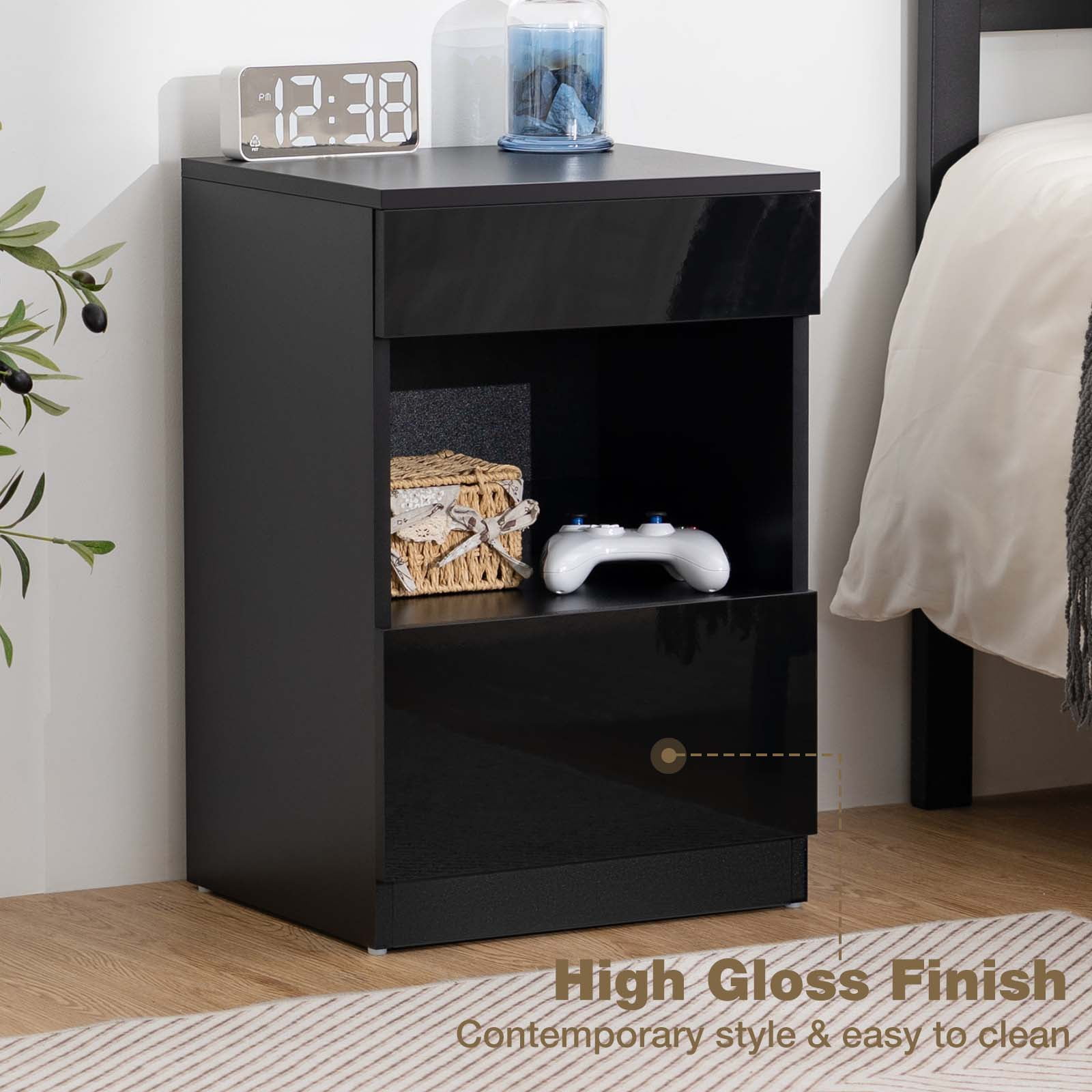 Hommpa Nightstand, 2 Drawer Nightstand Open Shelf Nightstands Bedside Table Modern End Tables Living Room High Gloss Side Table Bedroom Home Furniture Black - Image 7