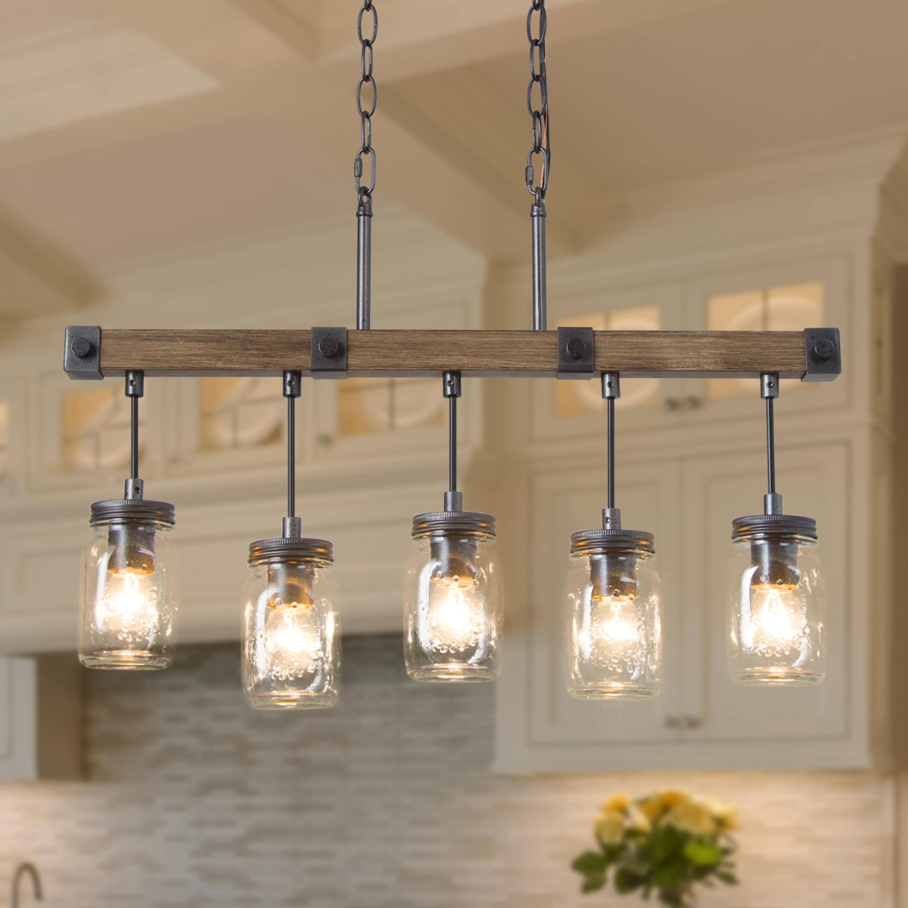 LNC Farmhouse 5-Light Linear Chandelier with Mason Jar Glasss, Rustic Wood and Iron Finish - Image 10