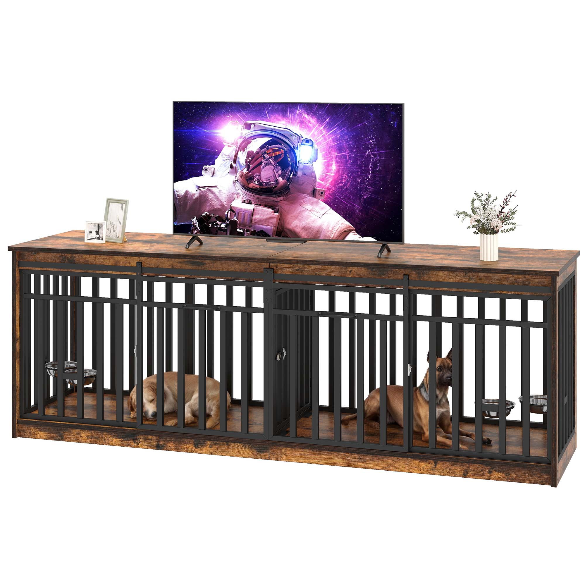 Uforic 87" Dog Crate Furniture with Dog Bowl for 2 Large Dogs,Indoor Furniture Style Wooden Large Dog Kennel TV Stand Sliding Doors - Rustic Brown - Image 10